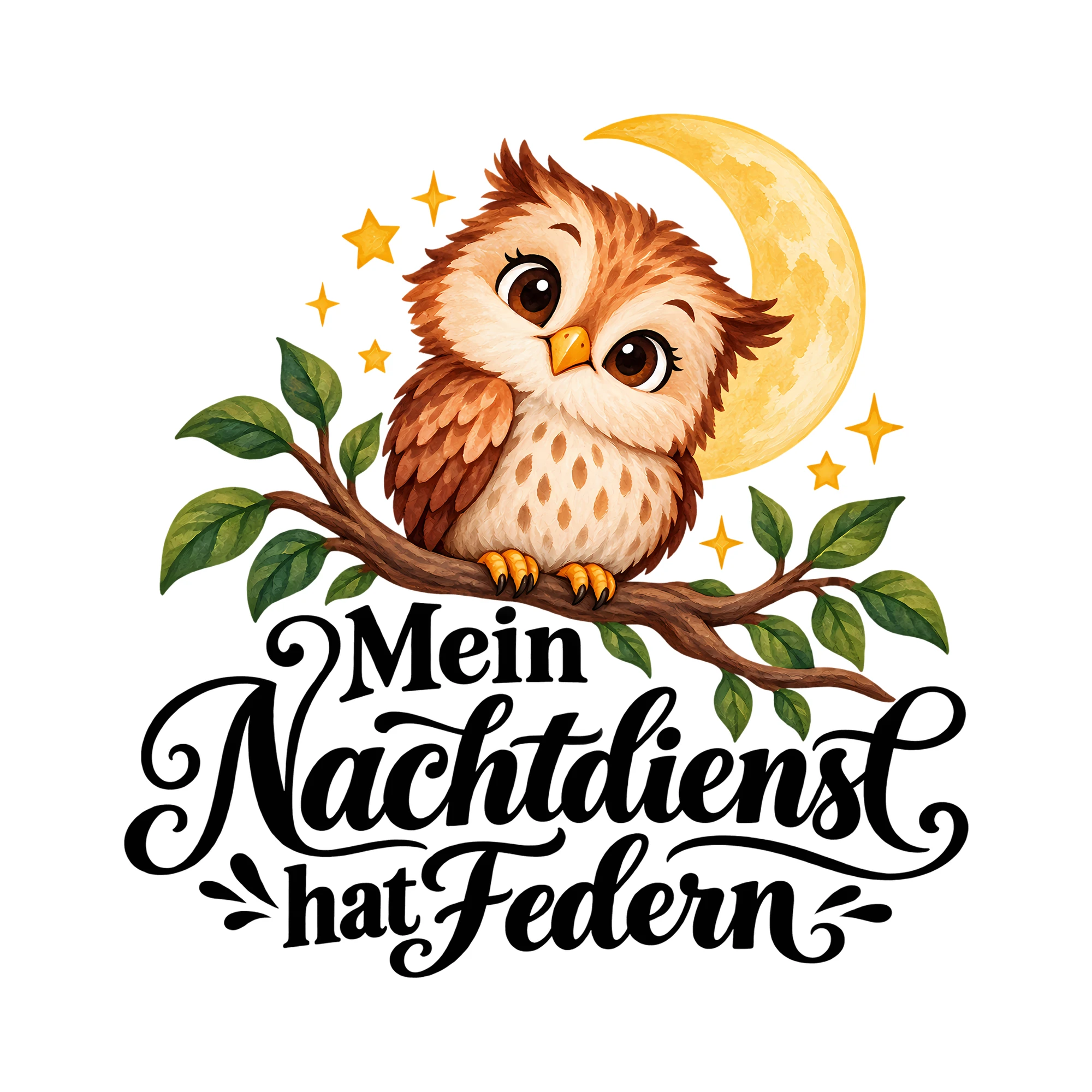 Bügelbild Mein Nachtdienst hat Federn als Grafik auf weißem Hintergrund (BB014309)