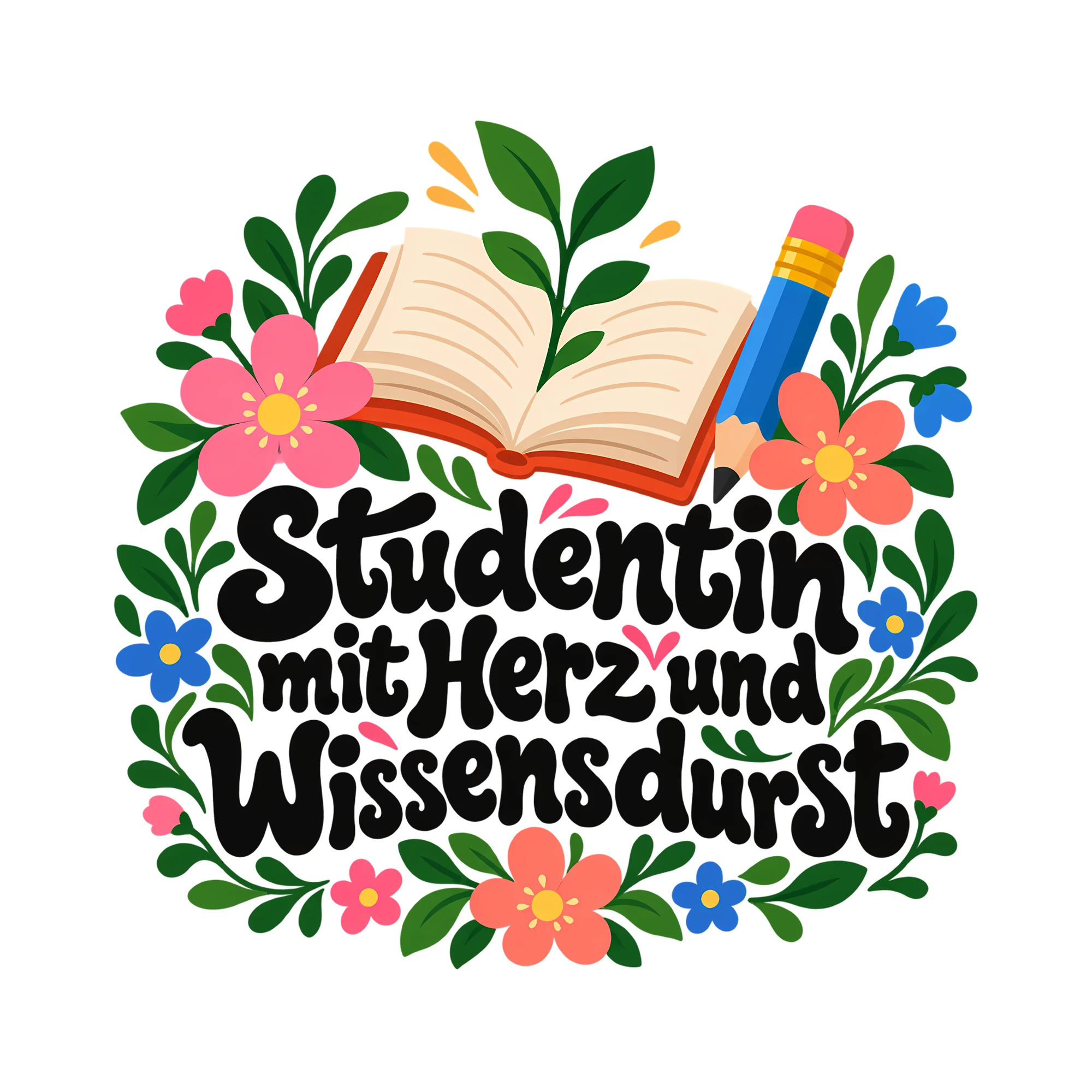 Bügelbild Studentin mit Herz und Wissensdurst als Grafik auf weißem Hintergrund (BB013617)