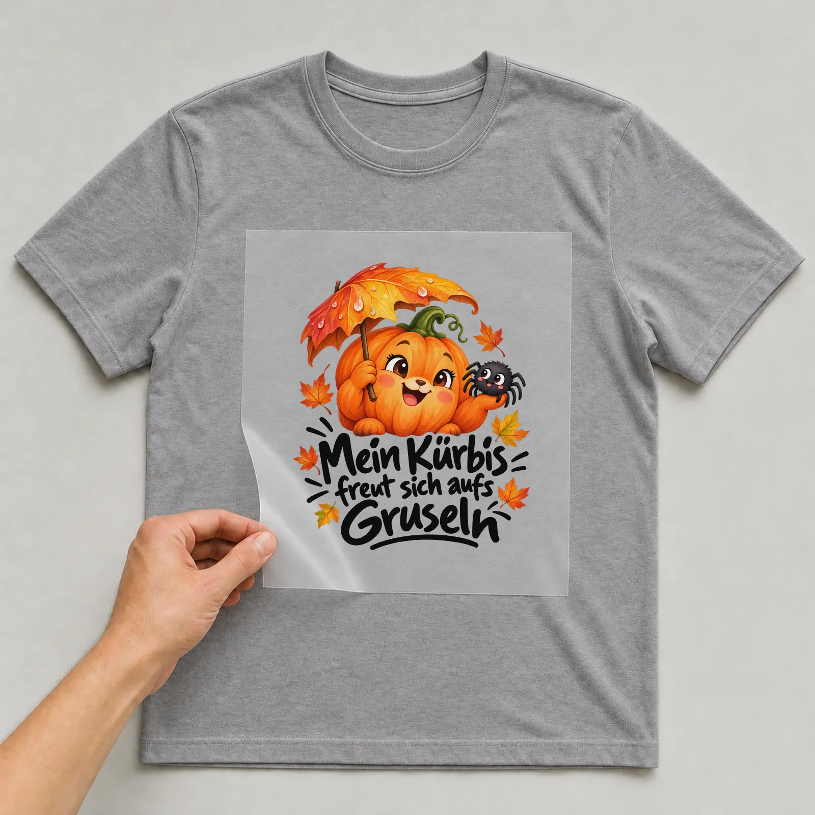 Bügelbild „Mein Kürbis freut sich aufs Gruseln“ auf grauem T-Shirt, Folie wird aufgelegt