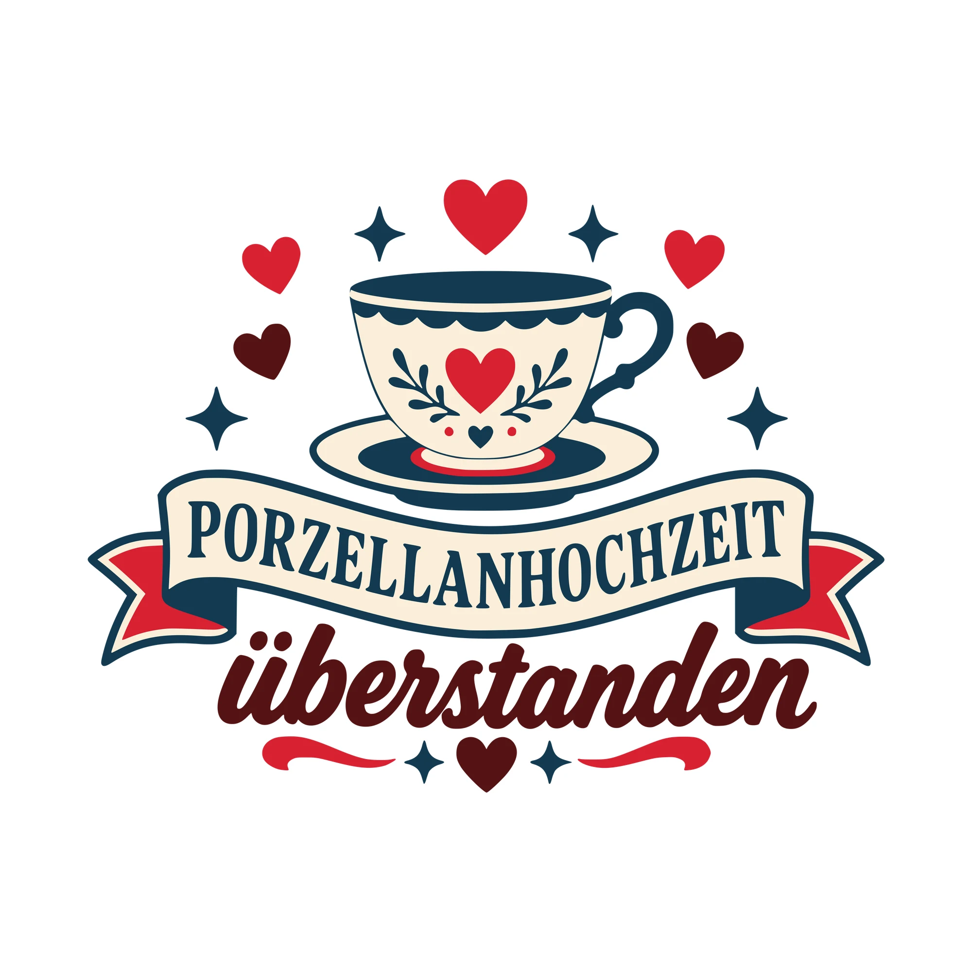 Bügelbild Porzellanhochzeit überstanden als Grafik auf weißem Hintergrund (BB010583)