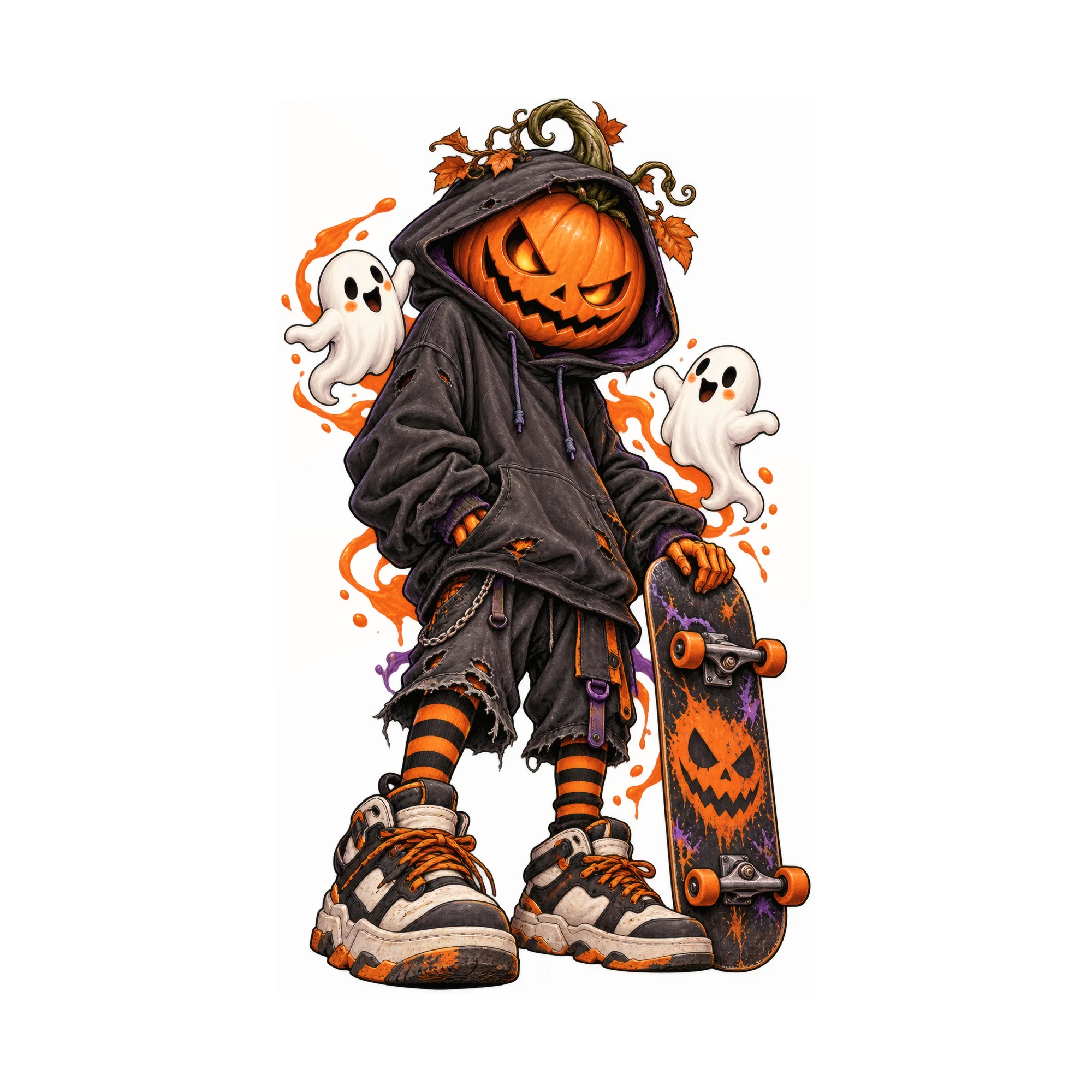 Bügelbild Kürbis-Skater mit Hoodie im Zeichenstil als Grafik auf weißem Hintergrund (BB014774)