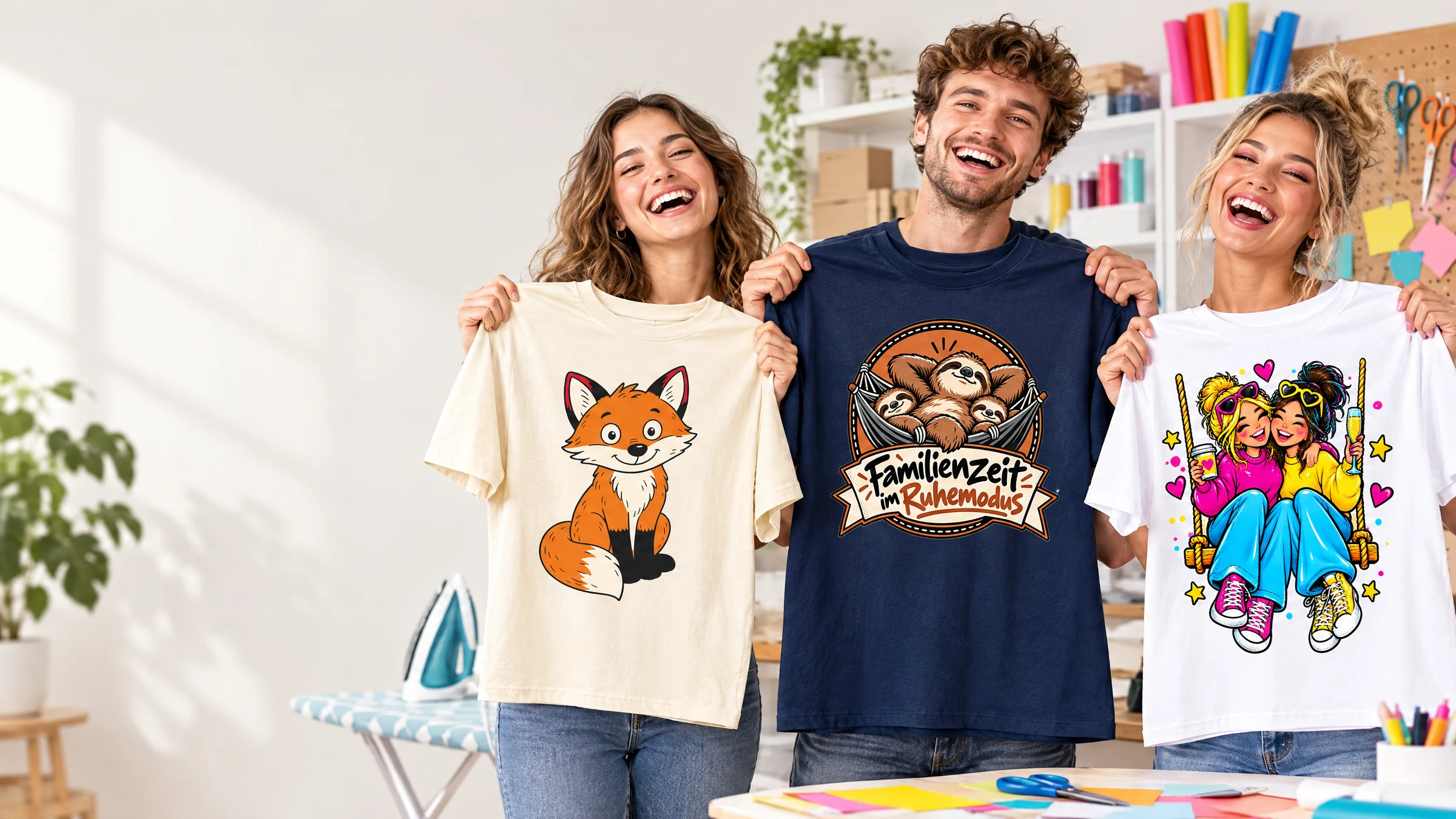 Bügelmotive: Menschen mit Motiven für jeden Anlass mit den Bügelbild-Motiven Familienzeit im Ruhemodus, Beste Freundinnen auf der Schaukel und Fuchs sitzend