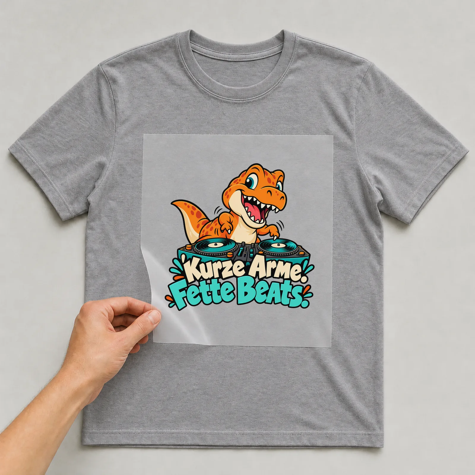 Bügelbild „Kurze Arme. Fette Beats.“ auf grauem T-Shirt, Folie wird aufgelegt