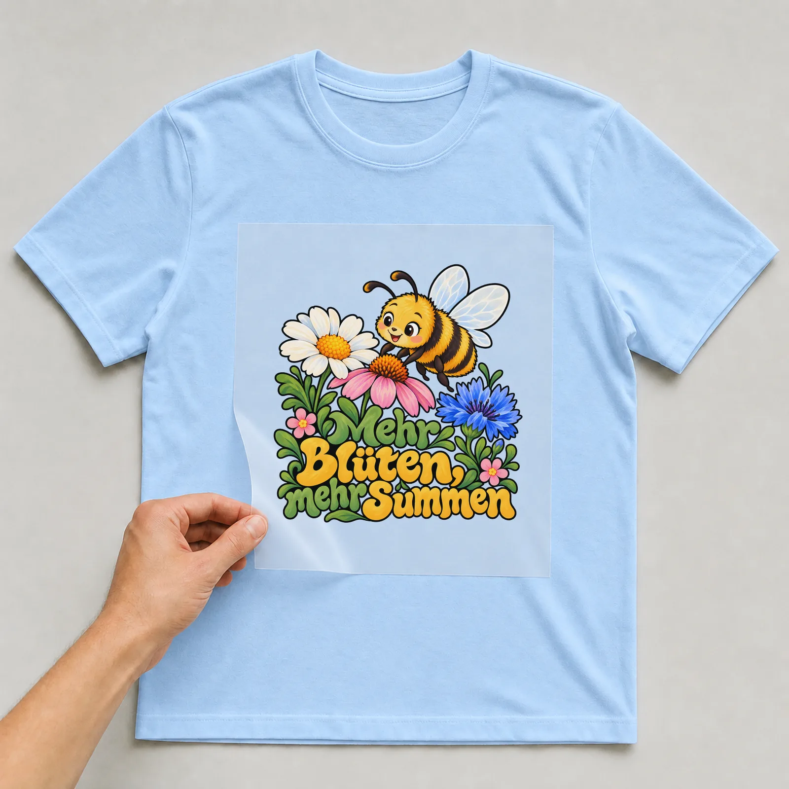 Bügelbild „Mehr Blüten, mehr Summen“ auf hellblauem T-Shirt, Folie wird aufgelegt