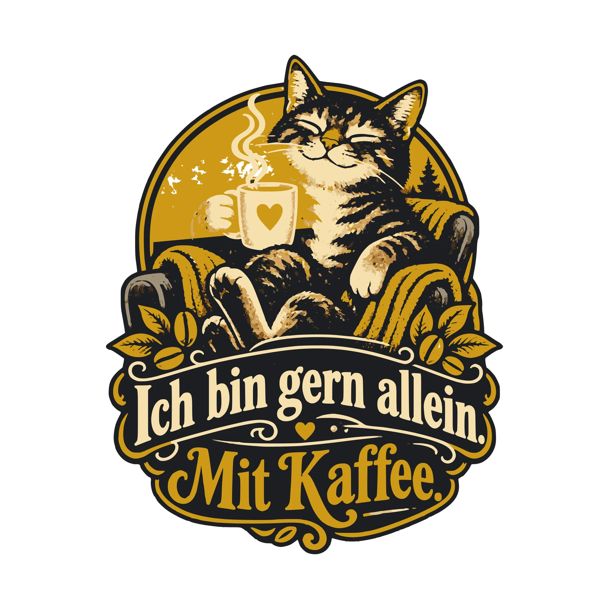 Bügelbild Ich bin gern allein. Mit Kaffee. als Grafik auf weißem Hintergrund (BB011285)