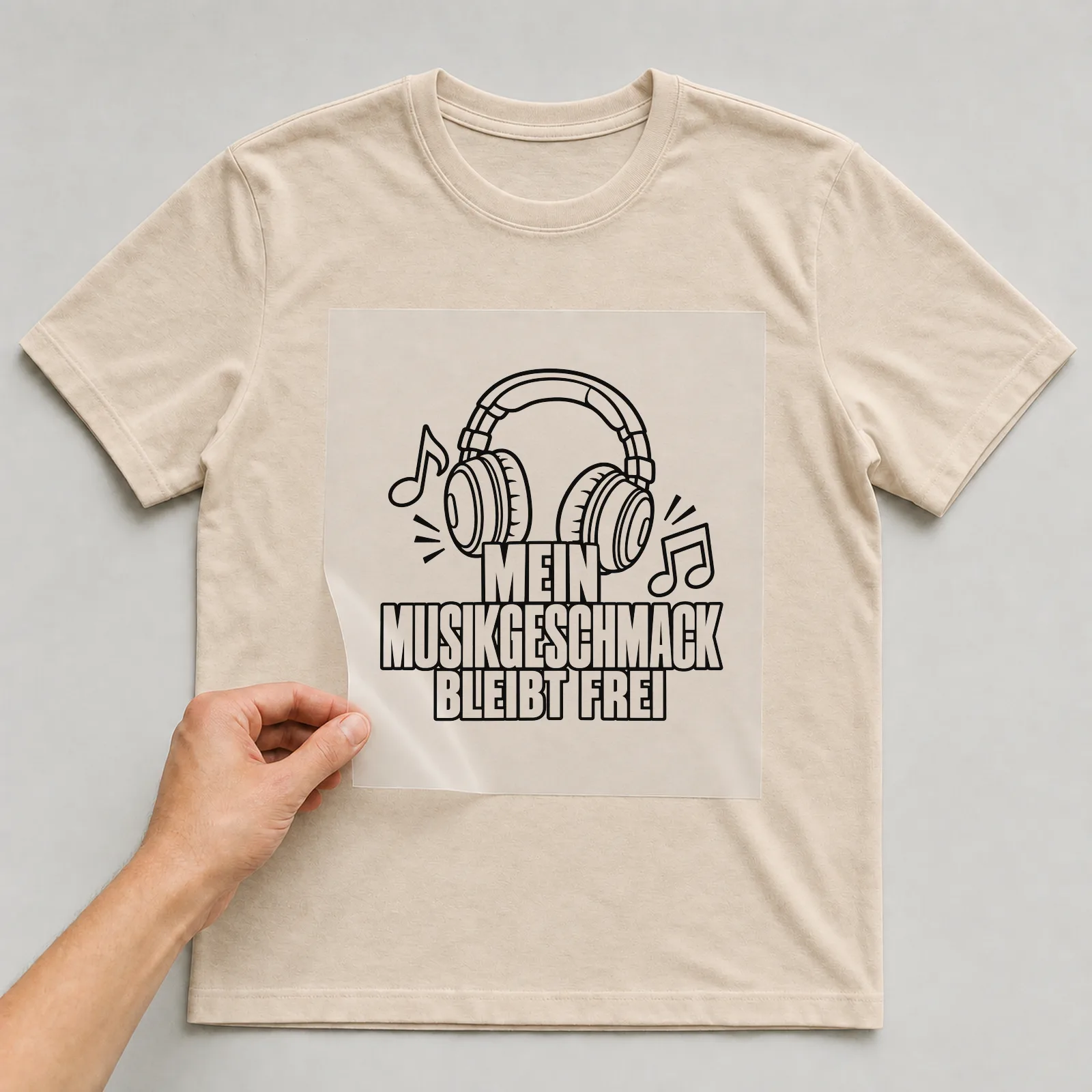 Bügelbild „Mein Musikgeschmack bleibt frei“ auf beigem T-Shirt, Folie wird aufgelegt