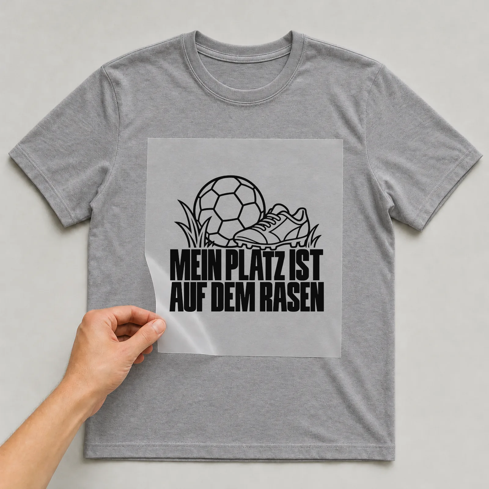 Bügelbild „Mein Platz ist auf dem Rasen“ auf grauem T-Shirt, Folie wird aufgelegt