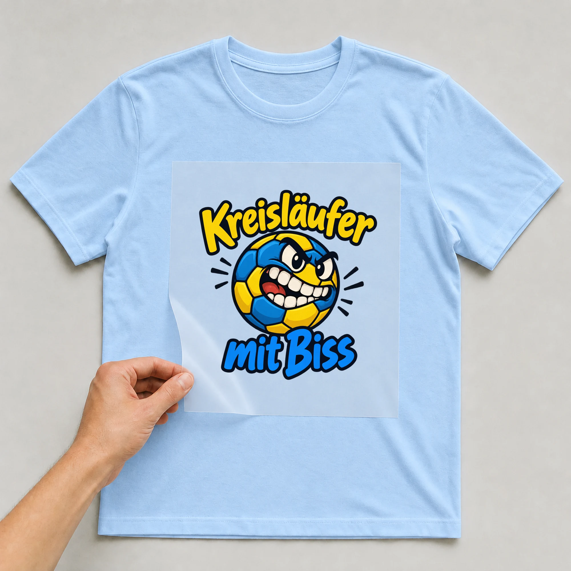 Bügelbild „Kreisläufer mit Biss“ auf babyblauem T-Shirt, Folie wird aufgelegt