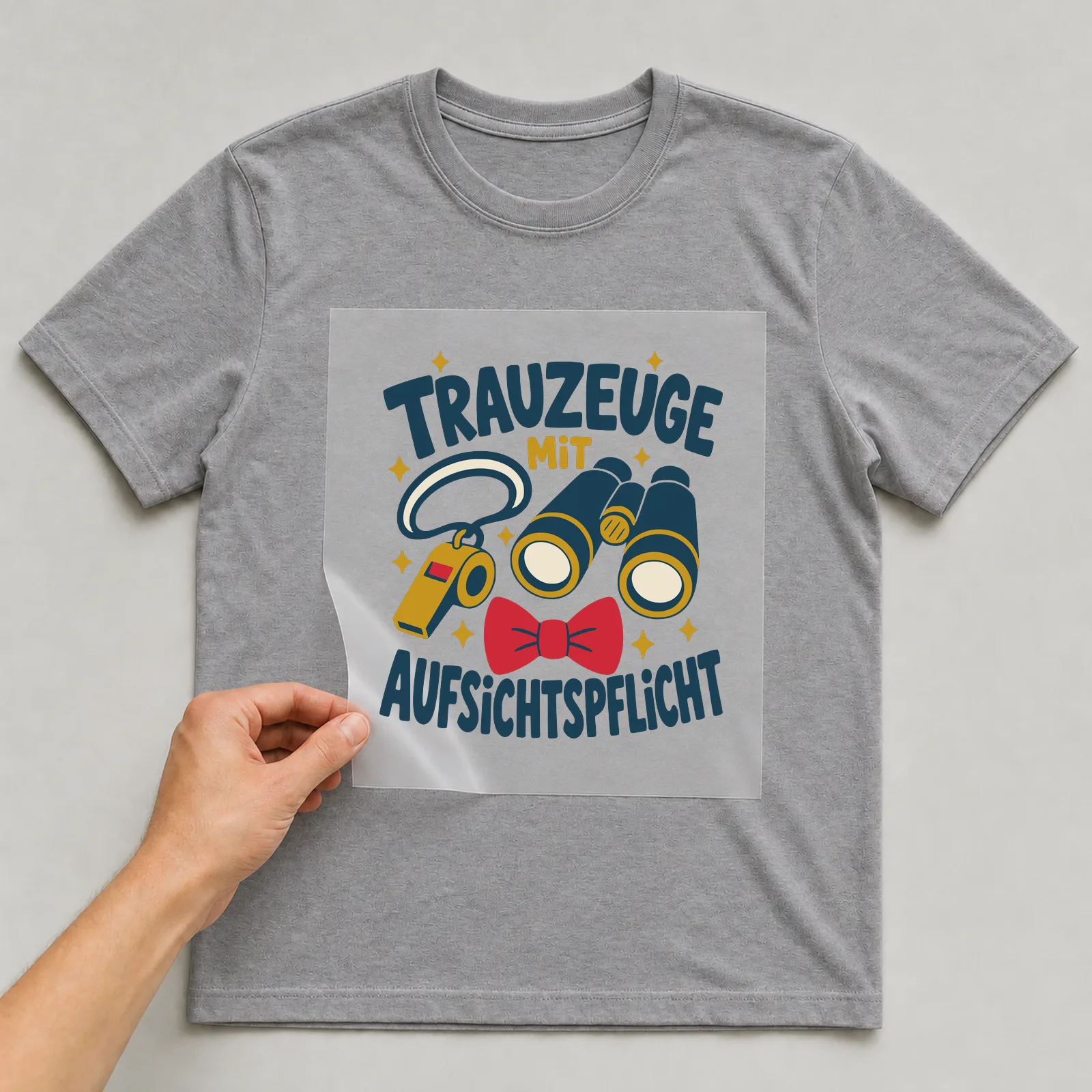 Bügelbild Trauzeuge mit Aufsichtspflicht auf grauem T-Shirt, Folie wird aufgelegt