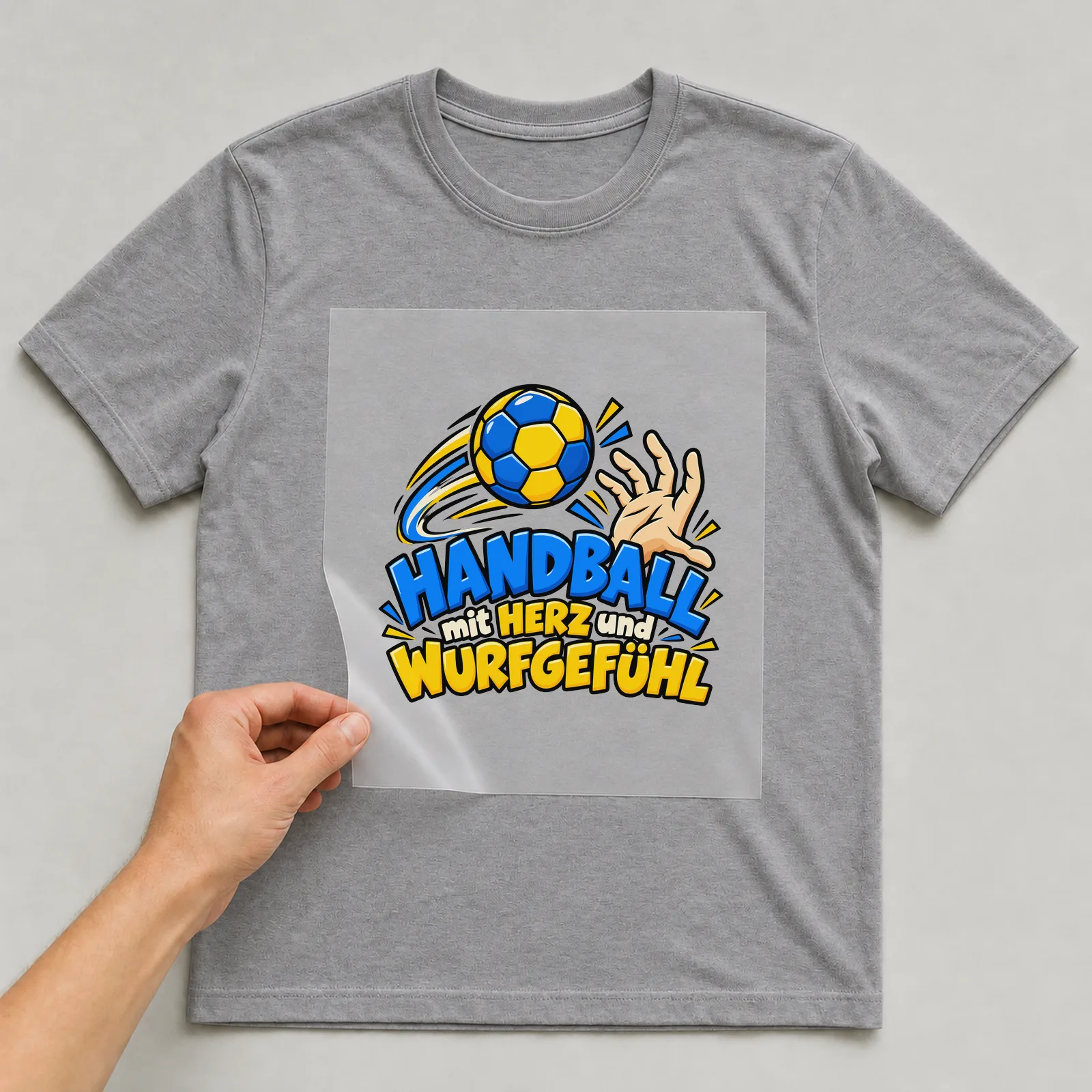 Bügelbild „Handball mit Herz und Wurfgefühl“ auf grauem T-Shirt, Folie wird aufgelegt