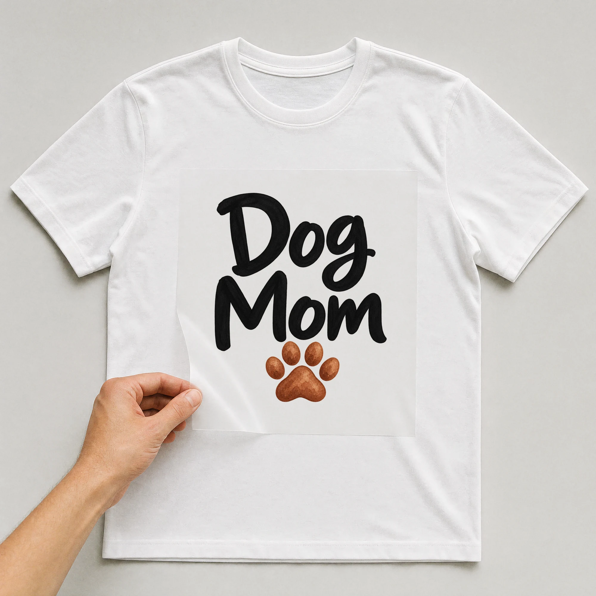 Bügelbild „Dog Mom“ auf weißem T-Shirt, Folie wird aufgelegt