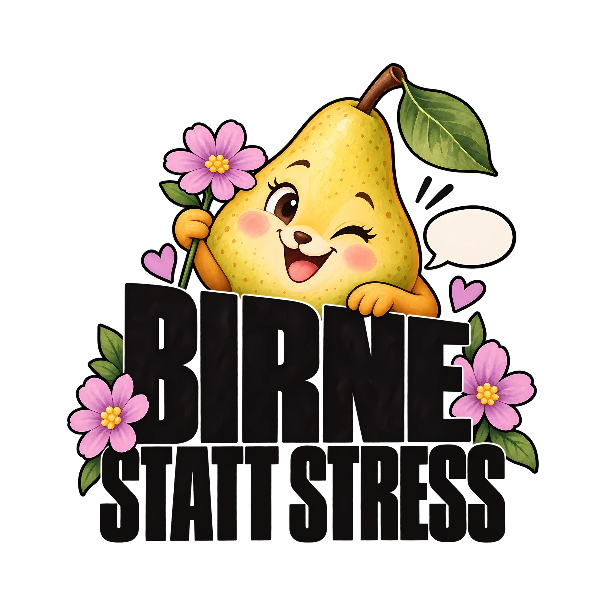 Bügelbild Birne statt Stress als Grafik auf weißem Hintergrund (BB012260)