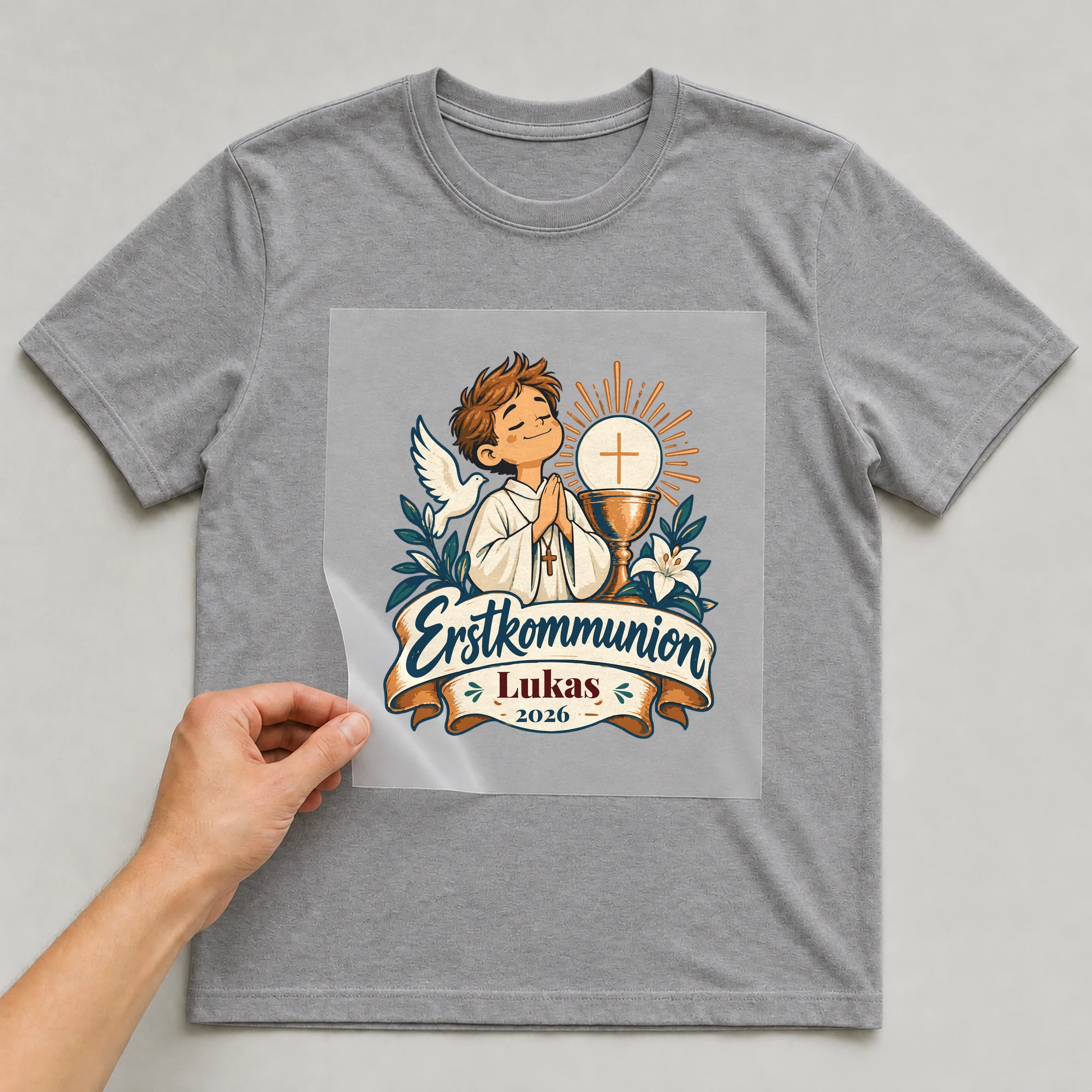 Bügelbild Erstkommunion mit Name und Jahr auf grauem T-Shirt, Folie wird aufgelegt