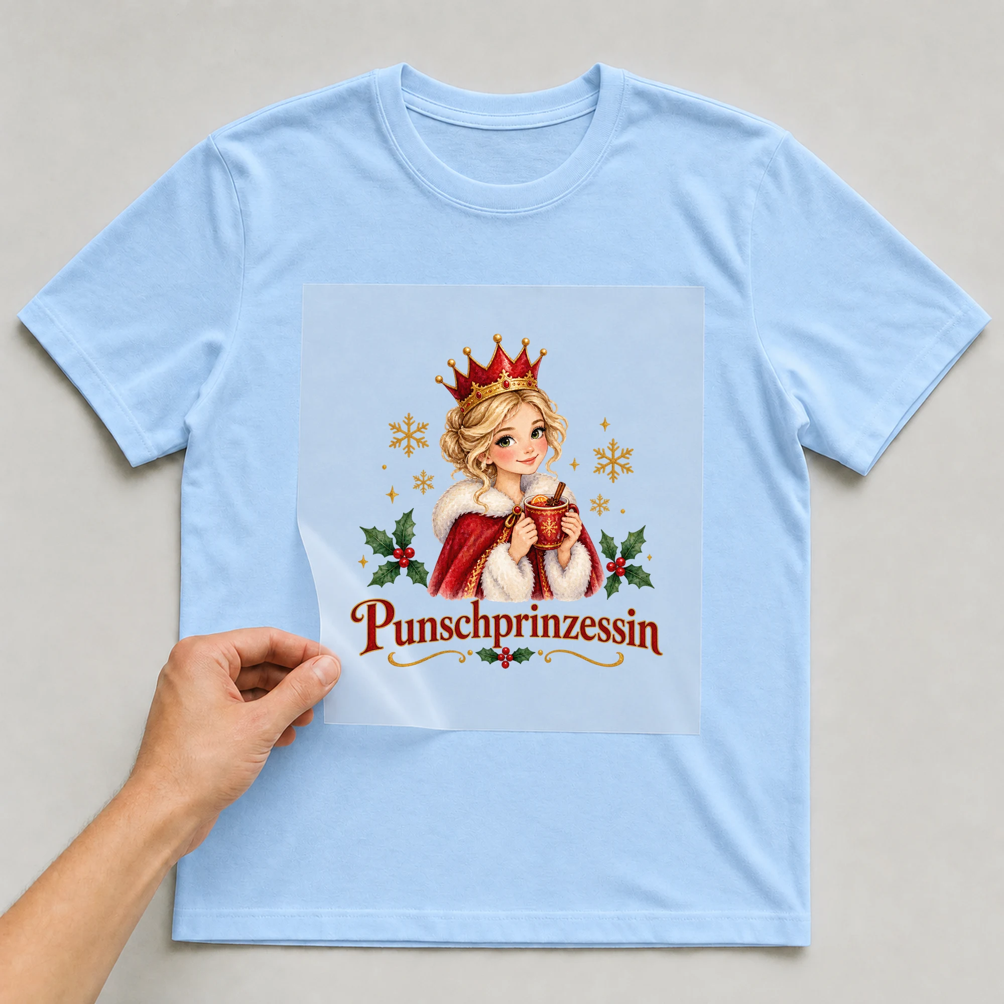 Bügelbild „Punschprinzessin“ auf babyblauem T-Shirt, Folie wird aufgelegt
