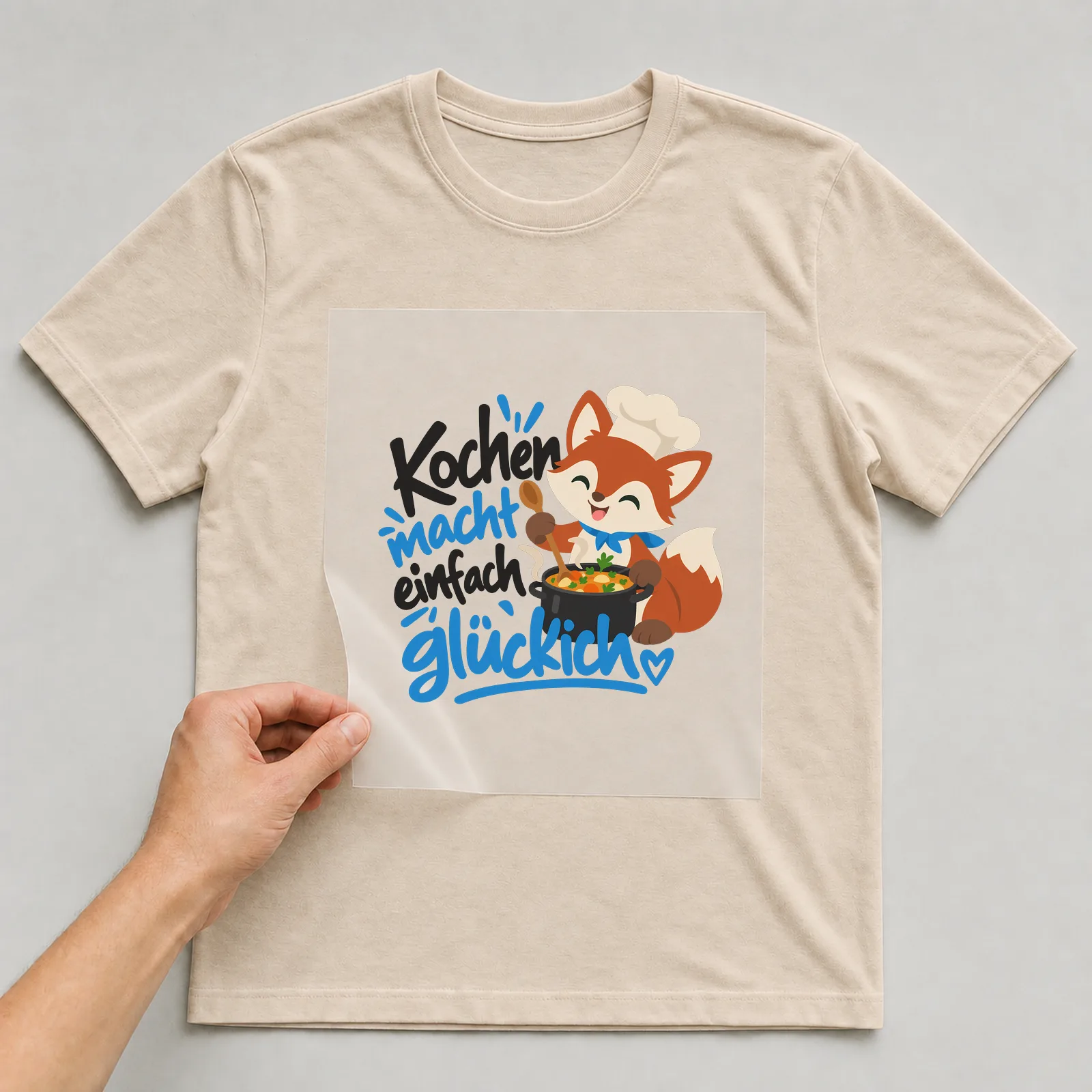 Bügelbild „Kochen macht einfach glücklich“ auf beigem T-Shirt, Folie wird aufgelegt