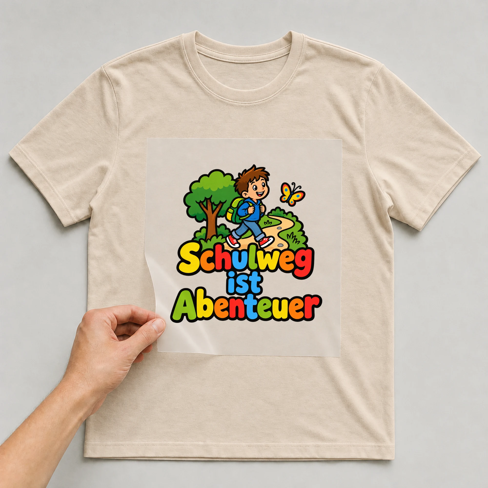 Bügelbild „Schulweg ist Abenteuer“ auf beigem T-Shirt, Folie wird aufgelegt