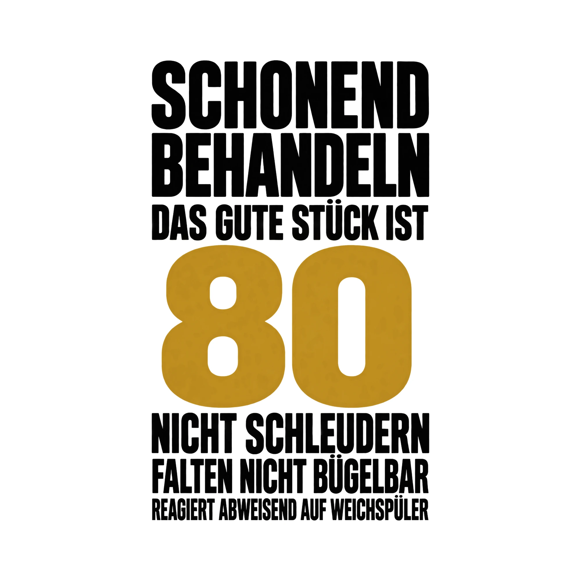 Bügelbild „Schonend behandeln das gute Stück ist 80 nicht schleudern falten nicht“ als Grafik auf weißem Hintergrund (BB015229)