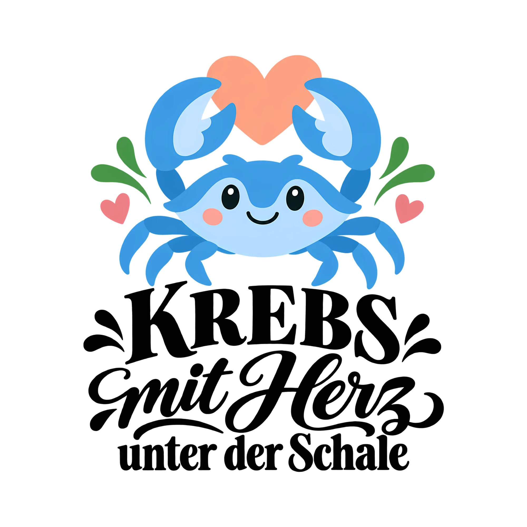 Bügelbild KREBS mit Herz unter der Schale als Grafik auf weißem Hintergrund (BB013487)