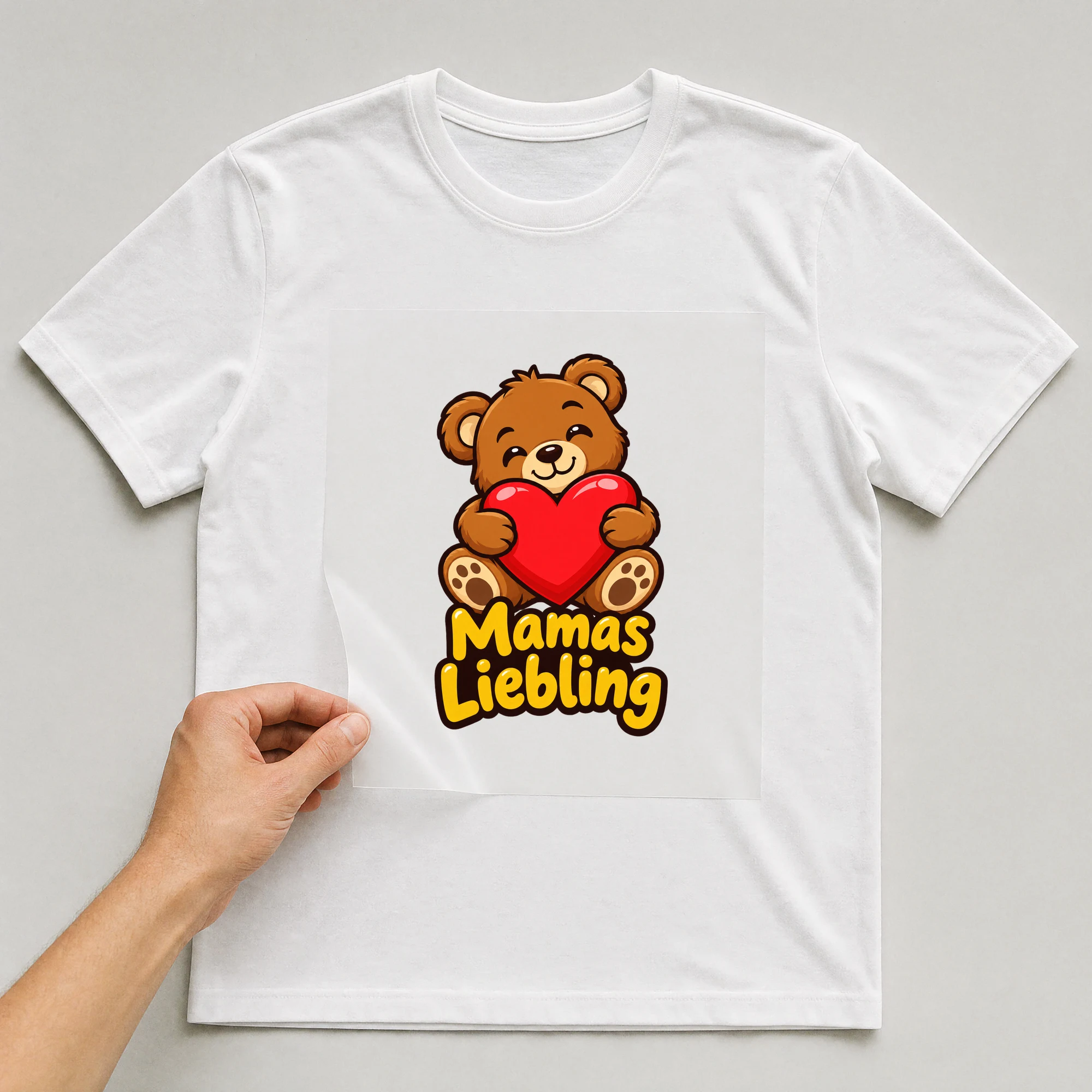 Bügelbild „Mamas Liebling“ auf weißem T-Shirt, Folie wird aufgelegt