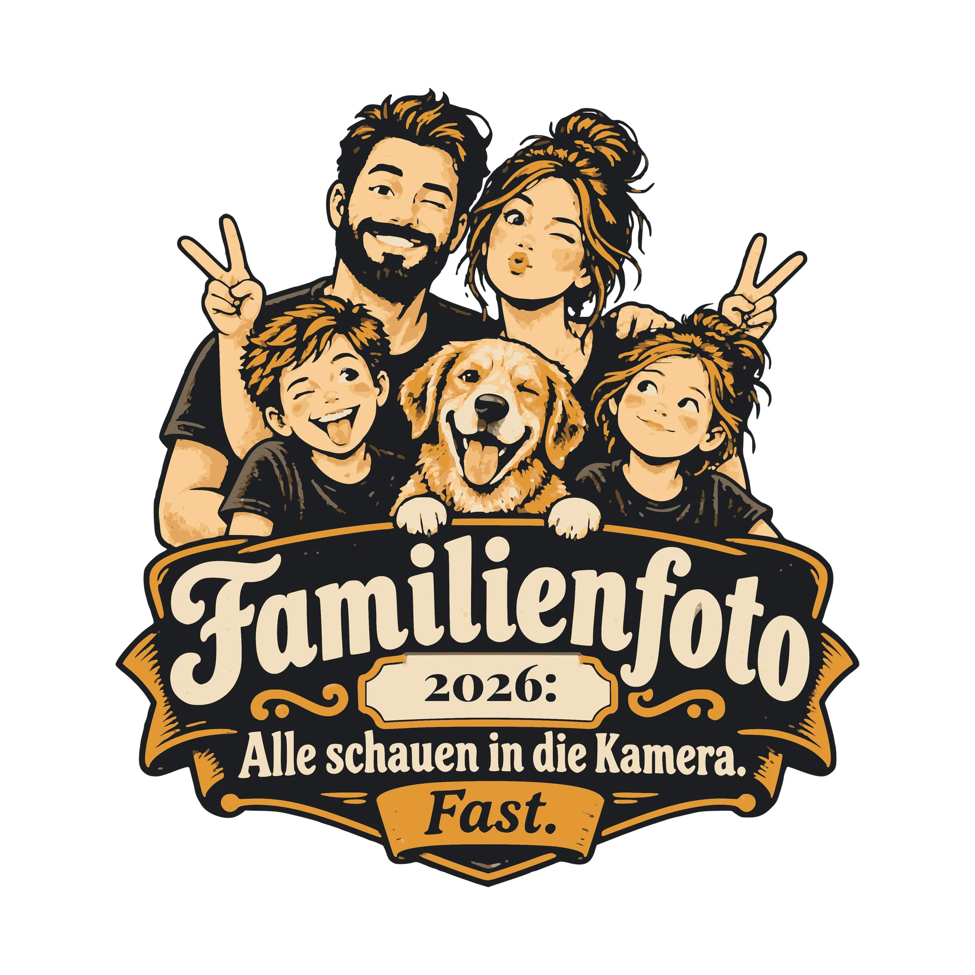 Bügelbild Familienfoto: Alle schauen in die Kamera. Fast. mit Jahr als Grafik auf weißem Hintergrund (BB011176)