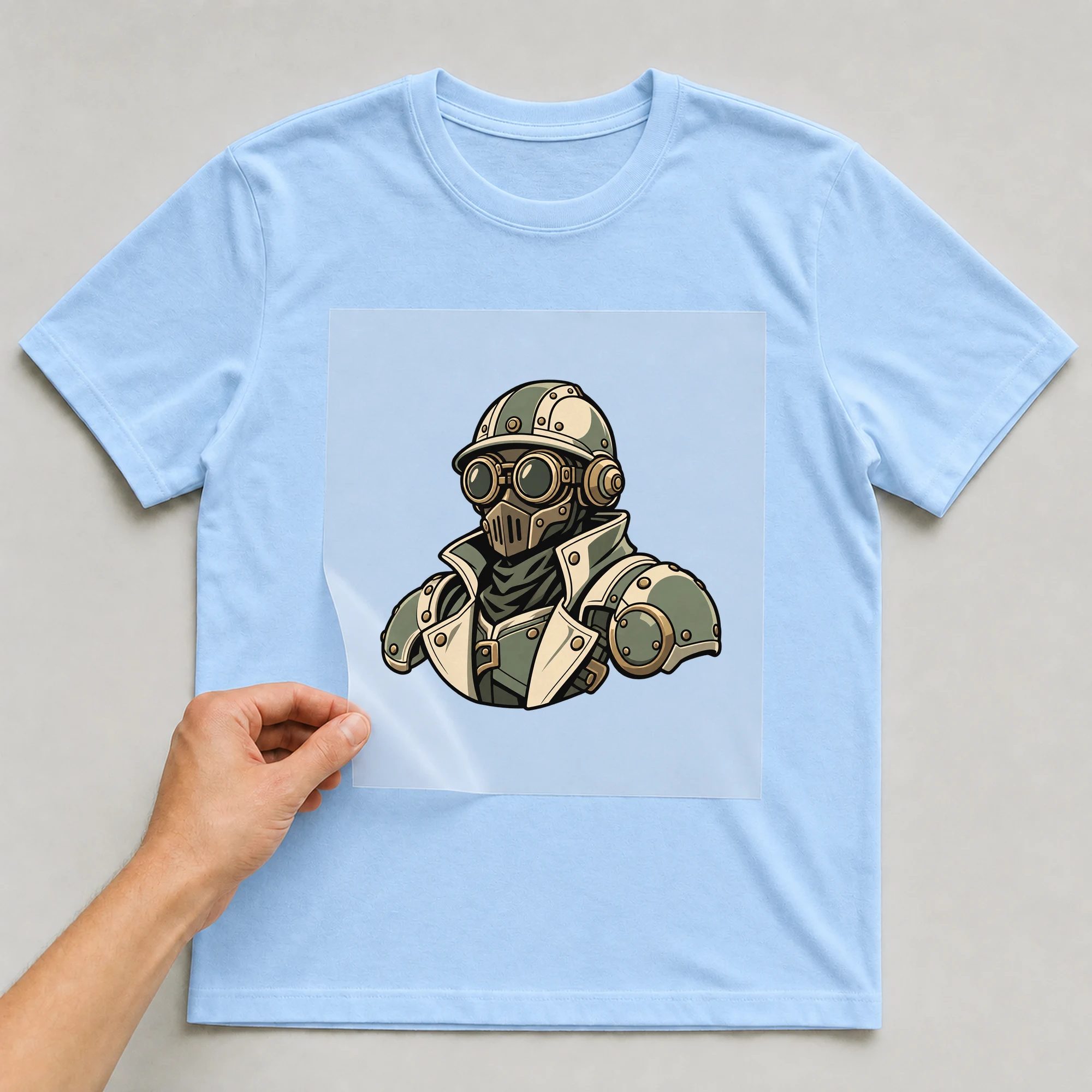 Bügelbild „Steampunk Style Soldier“ auf babyblauem T-Shirt, Folie wird aufgelegt