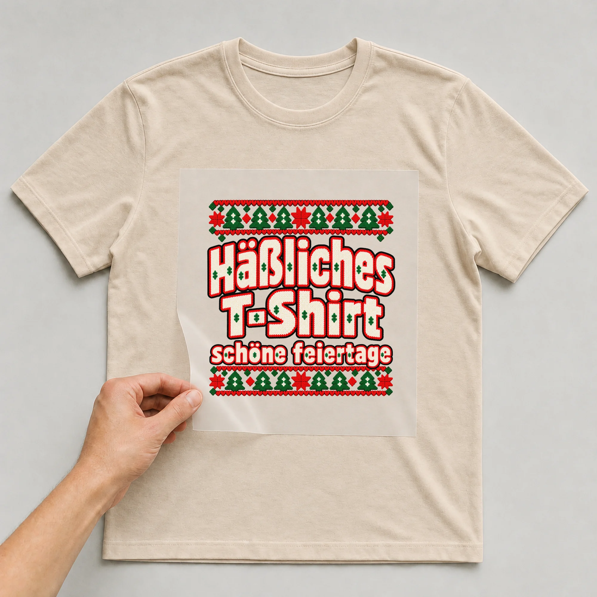 Bügelbild Hässliches T-Shirt, schöne Feiertage auf beigem T-Shirt, Folie wird aufgelegt