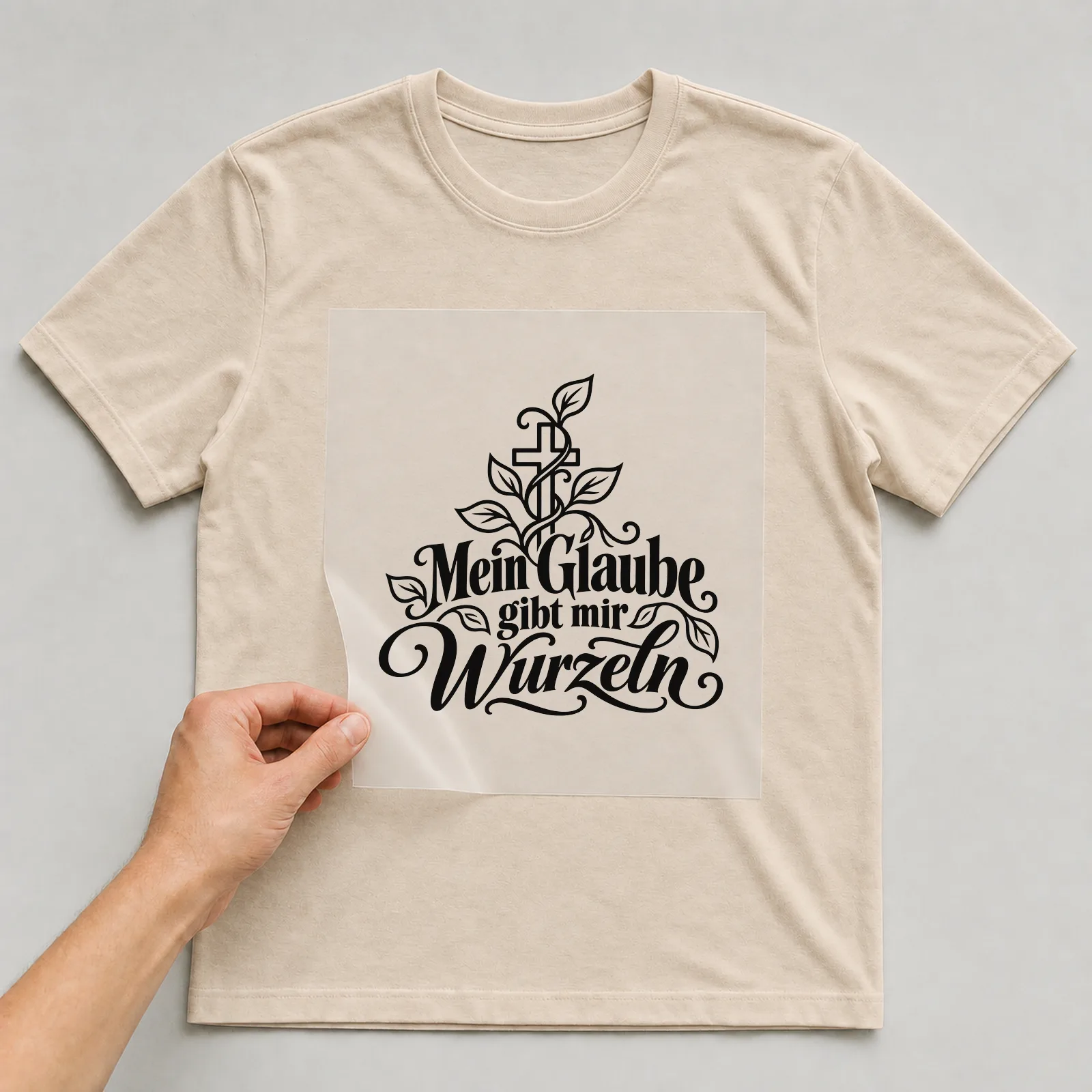Bügelbild „Mein Glaube gibt mir Wurzeln“ auf beigem T-Shirt, Folie wird aufgelegt