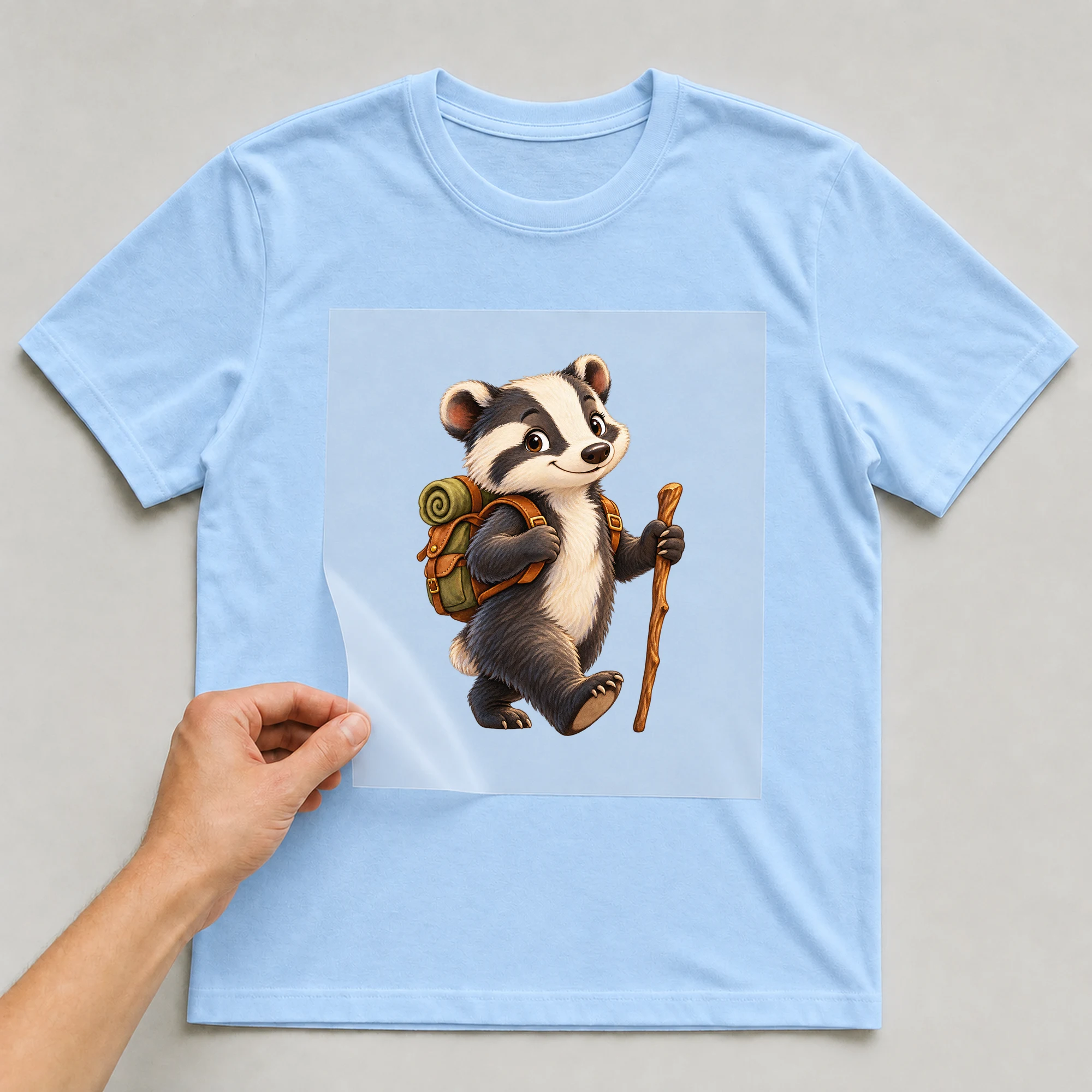 Bügelbild „Dachs auf Abenteuer“ auf babyblauem T-Shirt, Folie wird aufgelegt