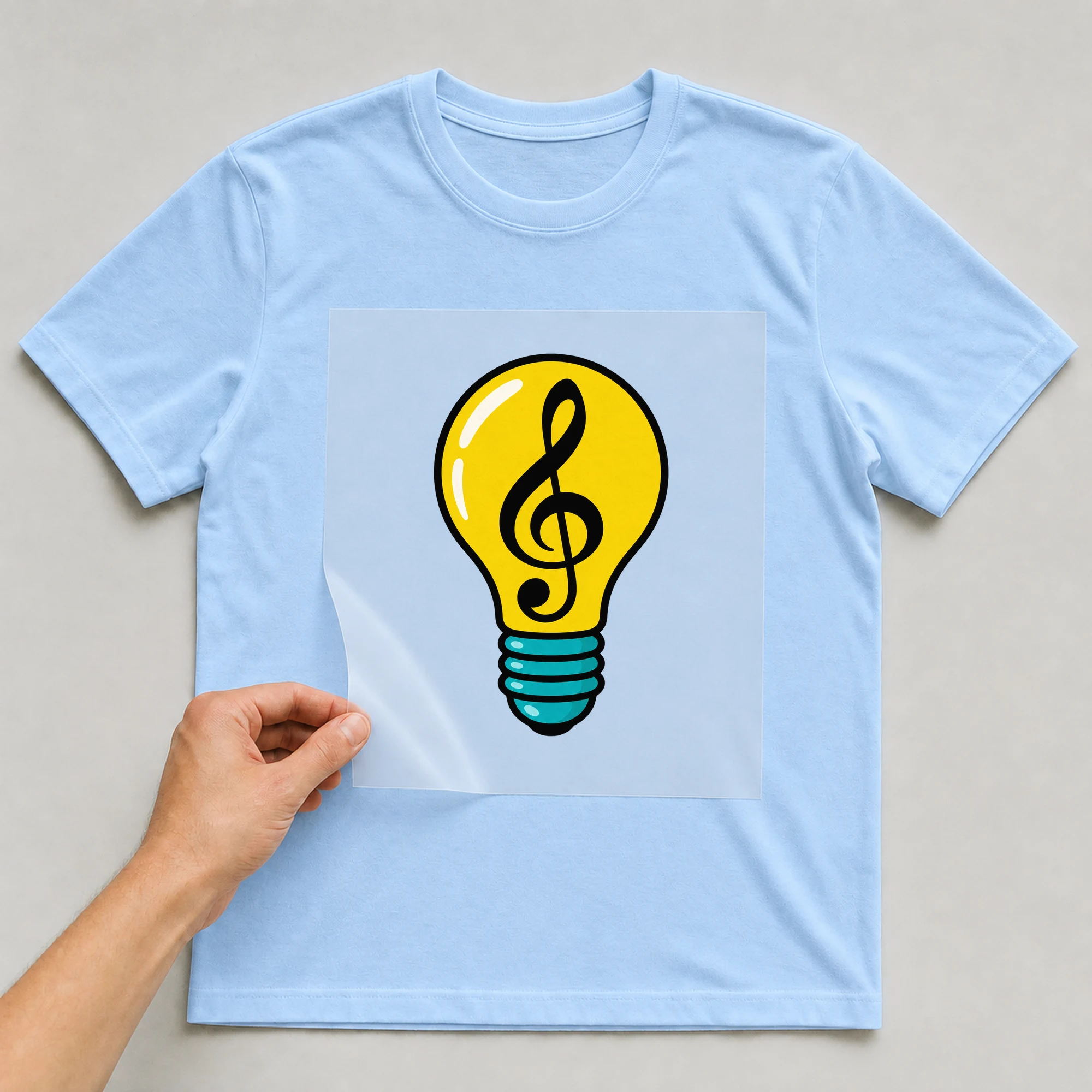 Bügelbild „Bunte Glühbirne“ auf babyblauem T-Shirt, Folie wird aufgelegt