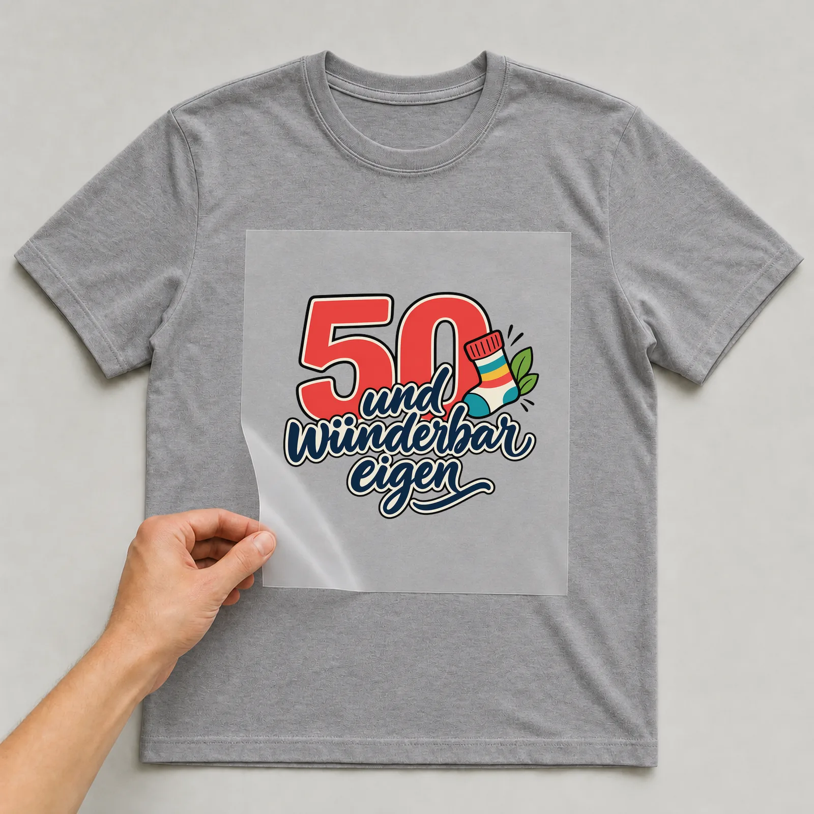 Bügelbild „50 und wunderbar eigen“ auf grauem T-Shirt, Folie wird aufgelegt