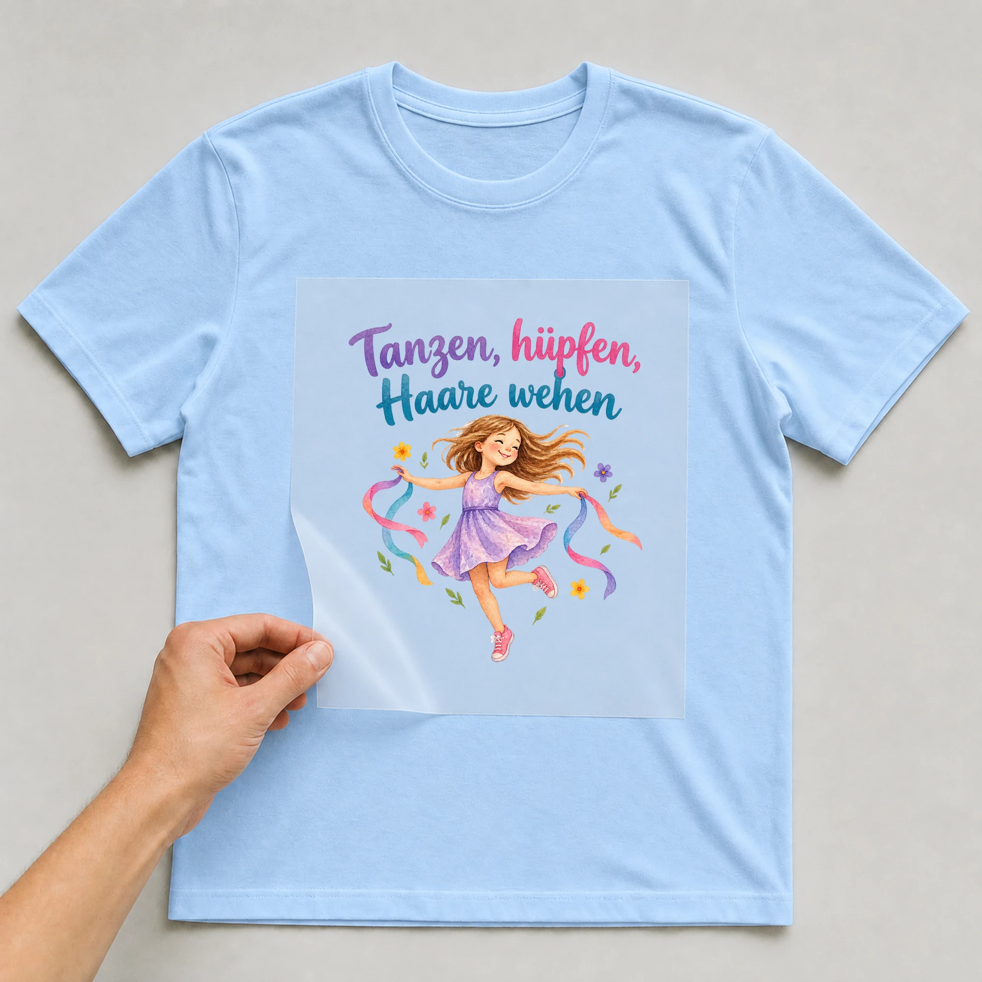 Bügelbild „Tanzen, hüpfen, Haare wehen“ auf babyblauem T-Shirt, Folie wird aufgelegt