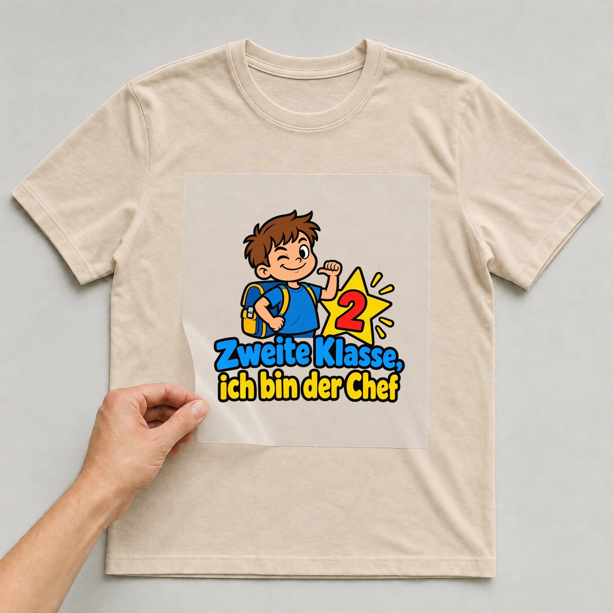 Bügelbild „Zweite Klasse, ich bin der Chef“ auf beigem T-Shirt, Folie wird aufgelegt