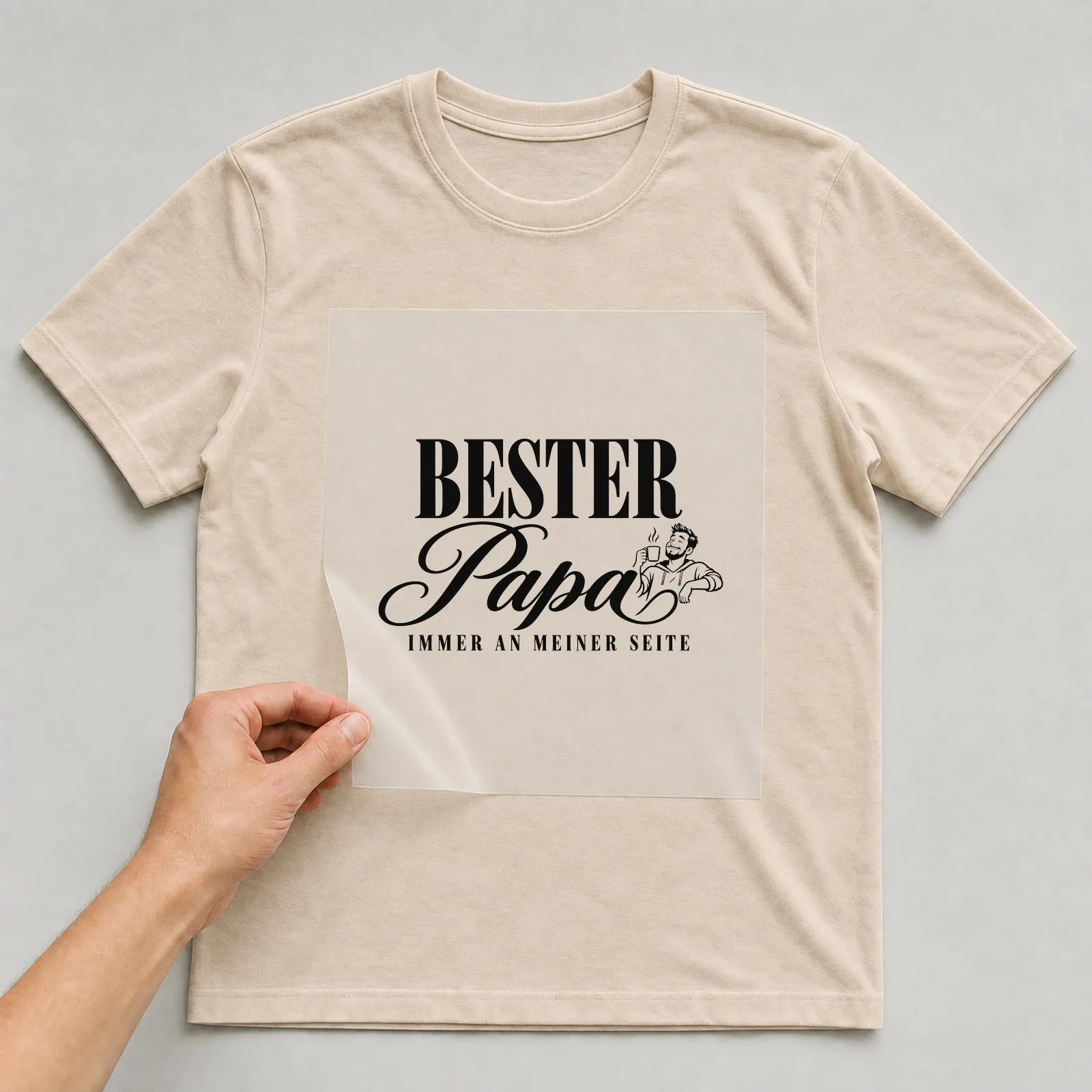 Bügelbild „Bester Papa immer an meiner Seite“ auf beigem T-Shirt, Folie wird aufgelegt