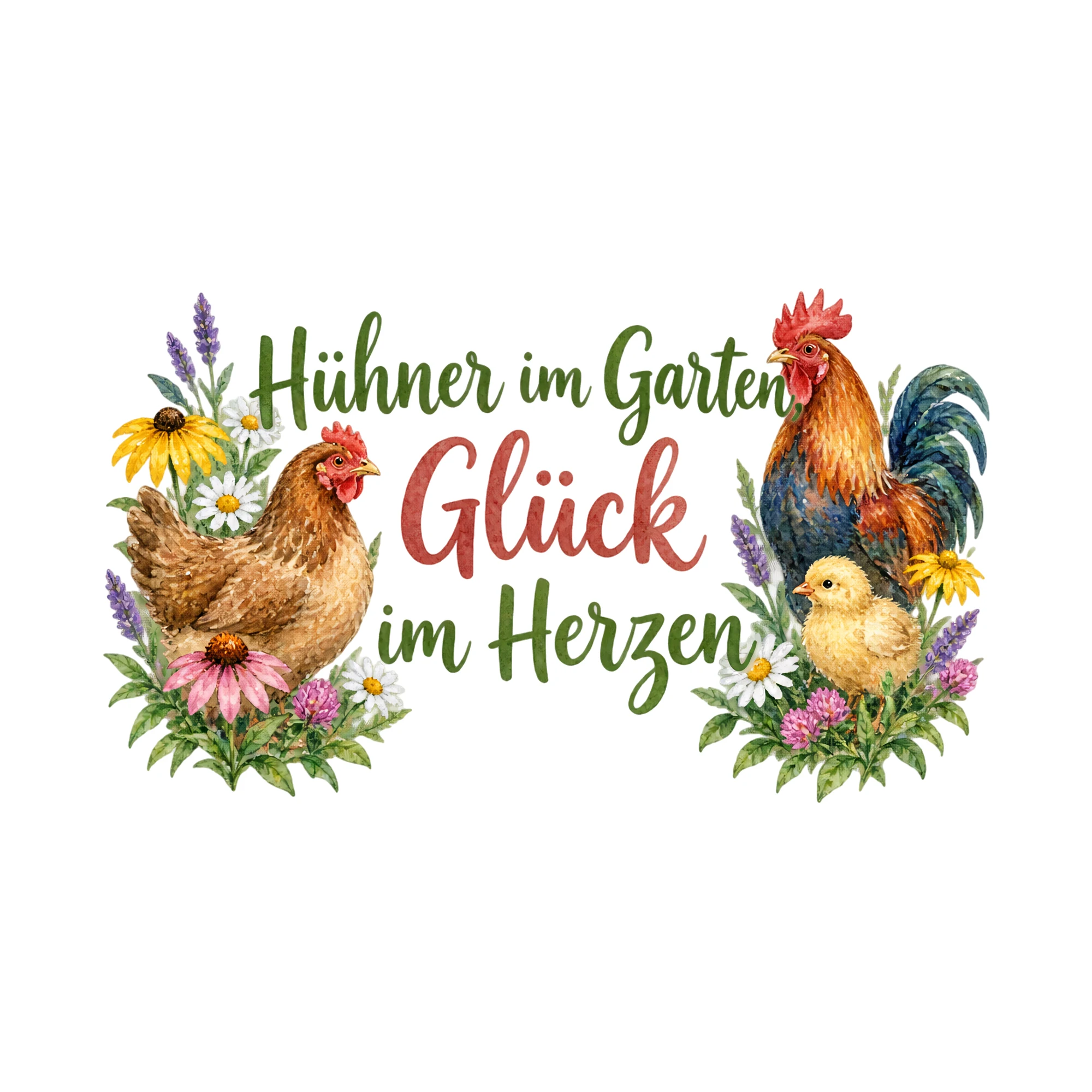 Bügelbild Hühner im Garten, Glück im Herzen als Grafik auf weißem Hintergrund (BB018566)