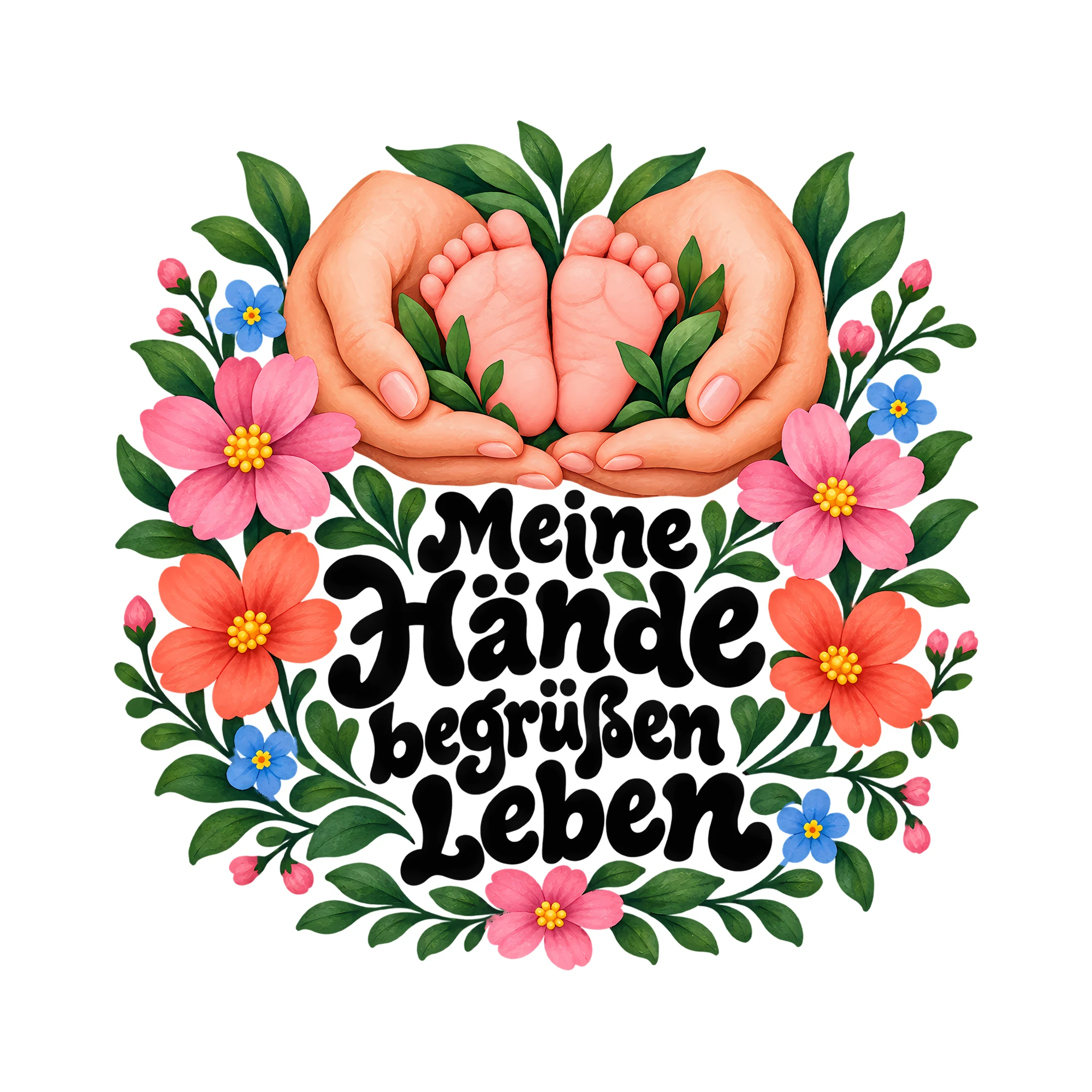 Bügelbild Meine Hände begrüßen Leben als Grafik auf weißem Hintergrund (BB012238)