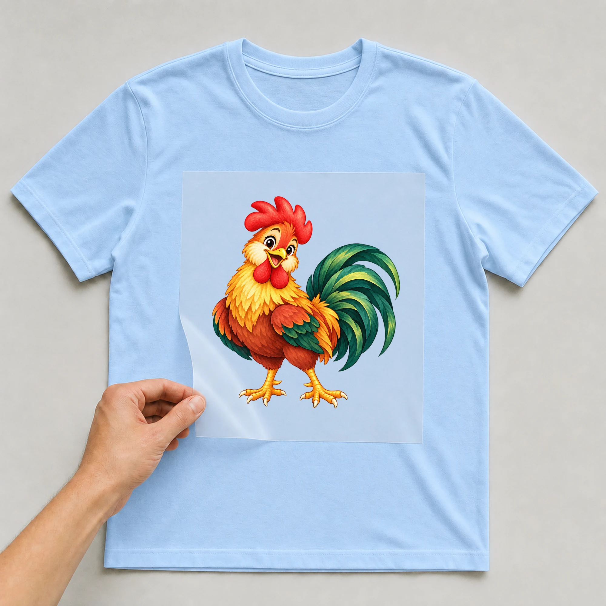 Bügelbild „Chinesisches Zeichen Jahr Des Hahns“ auf babyblauem T-Shirt, Folie wird aufgelegt