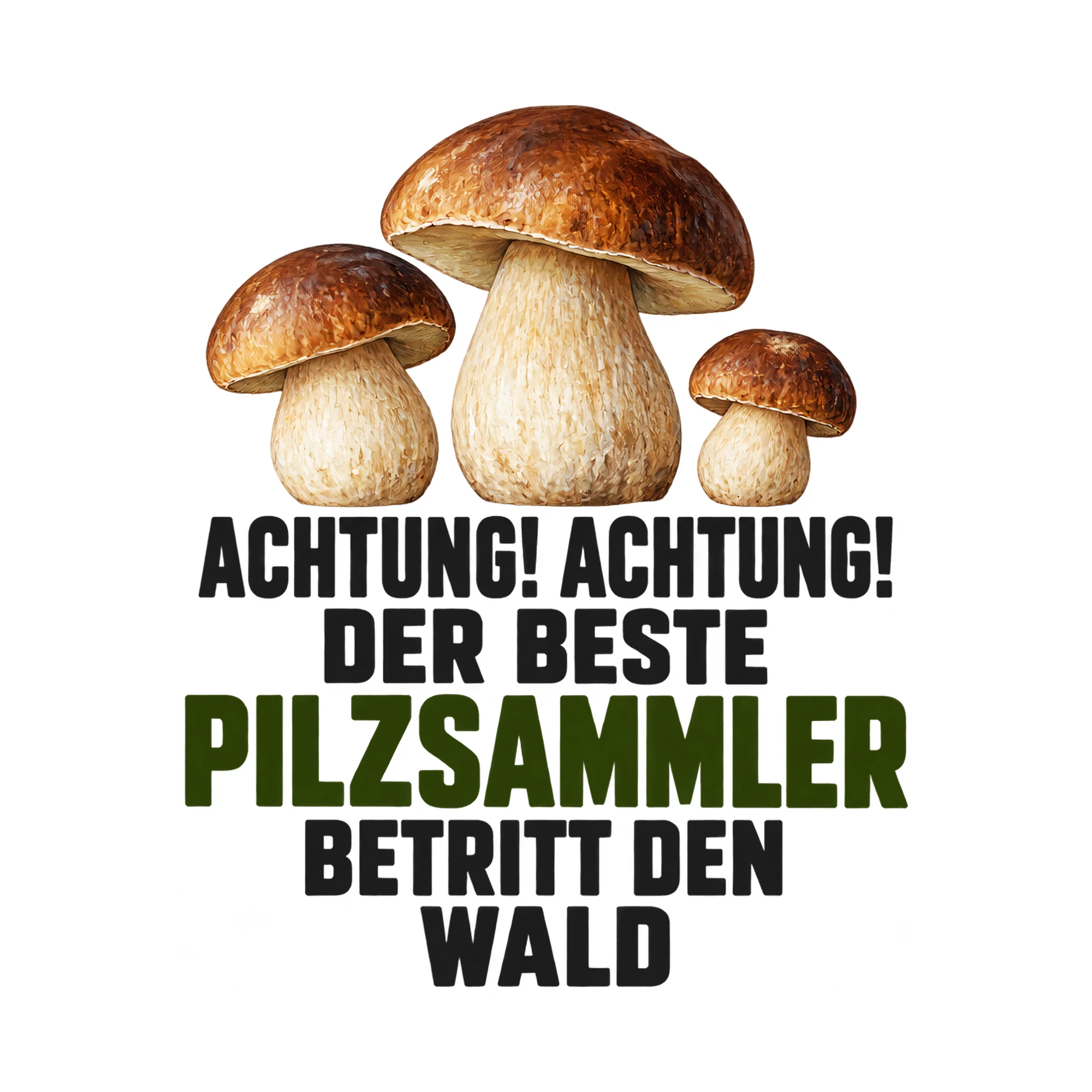 Bügelbild Achtung! Achtung! Der beste Pilzsammler betritt den Wald, Hobby Shirt Spruch als Grafik auf weißem Hintergrund (BB018112)