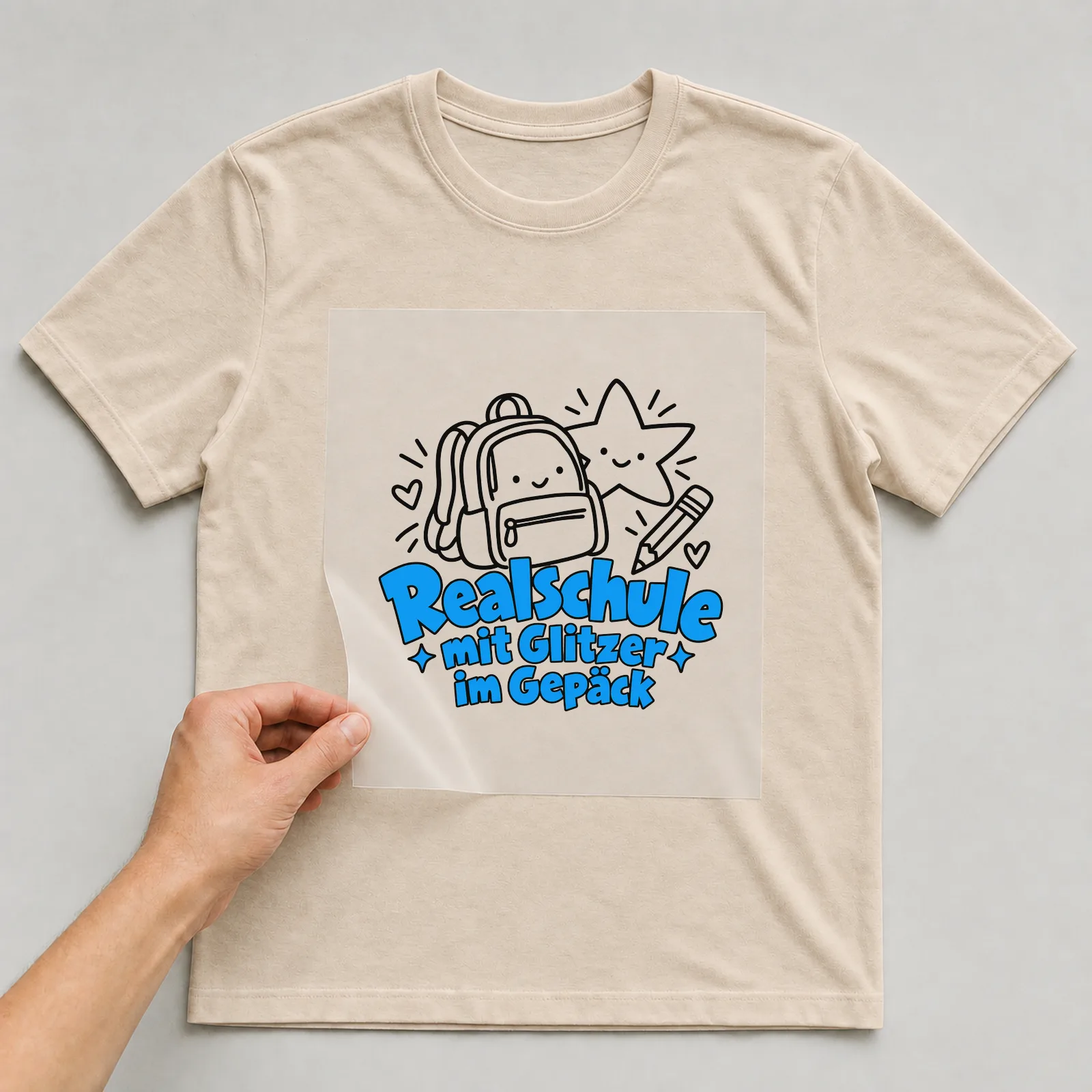 Bügelbild „Realschule mit Glitzer im Gepäck“ auf beigem T-Shirt, Folie wird aufgelegt