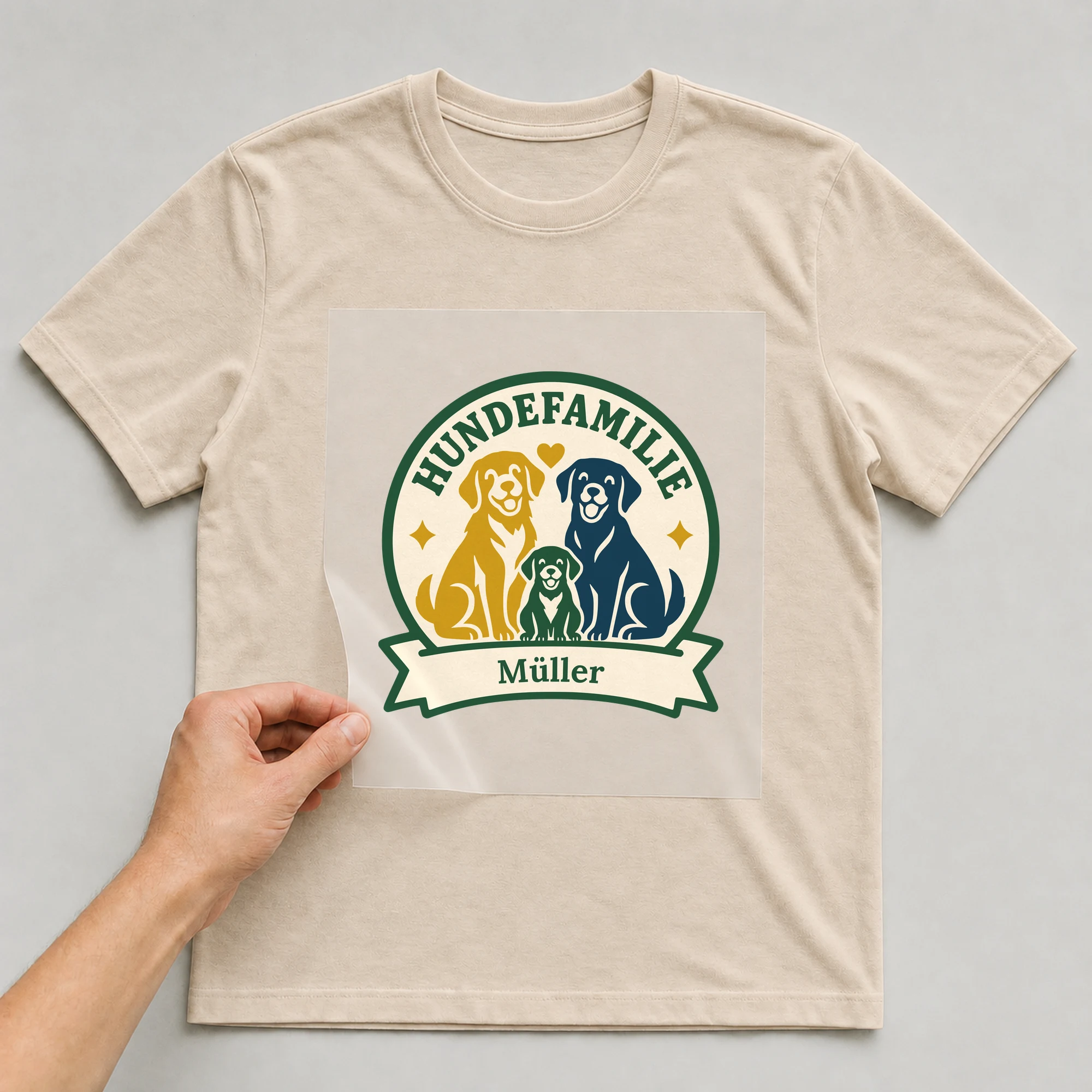 Bügelbild Hundefamilie mit Nachname auf beigem T-Shirt, Folie wird aufgelegt