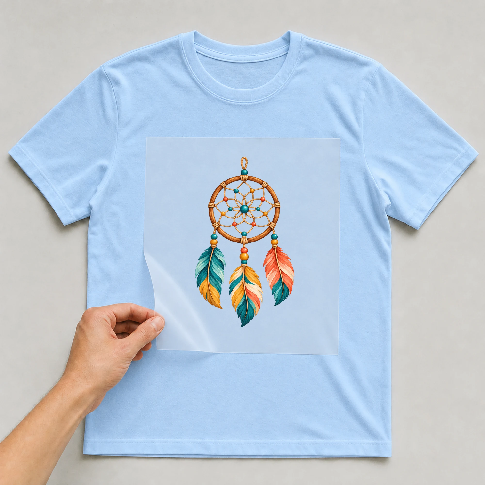 Bügelbild „Mystischer Traumfänger“ auf babyblauem T-Shirt, Folie wird aufgelegt