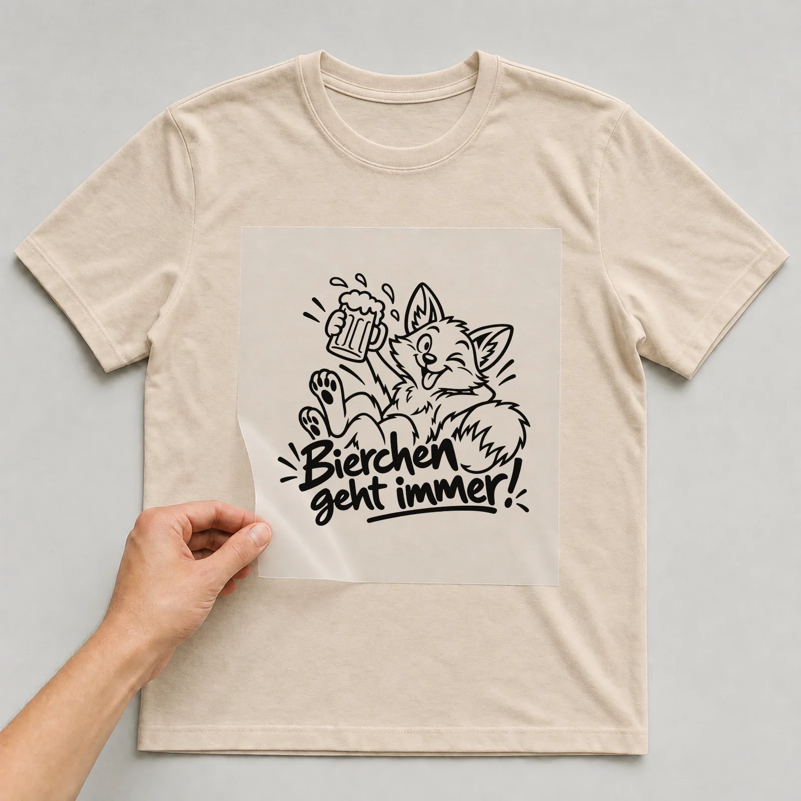 Bügelbild „Bierchen geht immer!“ auf beigem T-Shirt, Folie wird aufgelegt