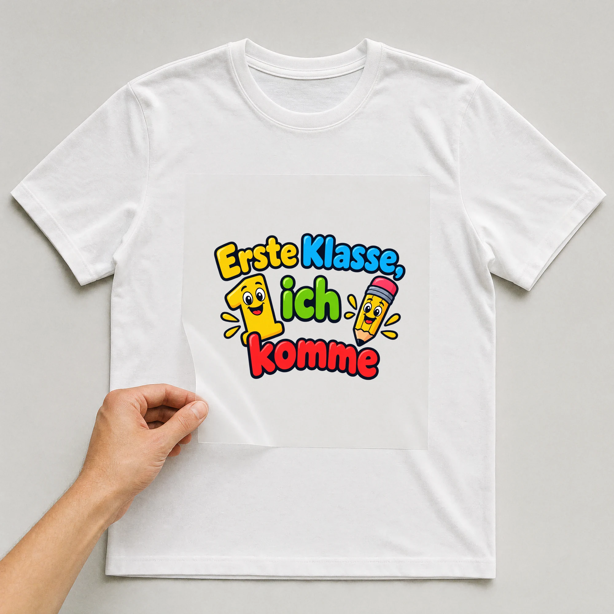Bügelbild „Erste Klasse, ich komme“ auf weißem T-Shirt, Folie wird aufgelegt
