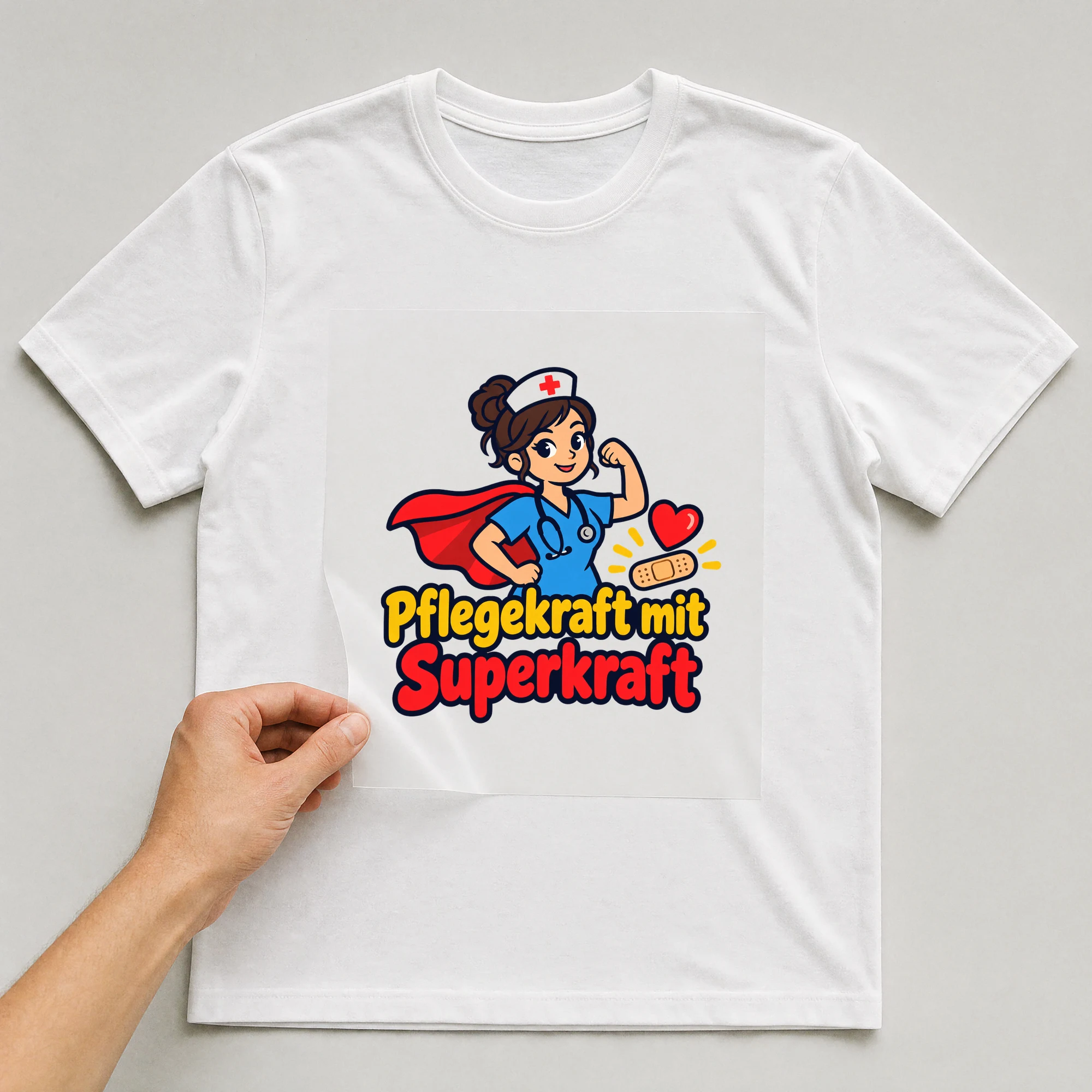 Bügelbild „Pflegekraft mit Superkraft“ auf weißem T-Shirt, Folie wird aufgelegt