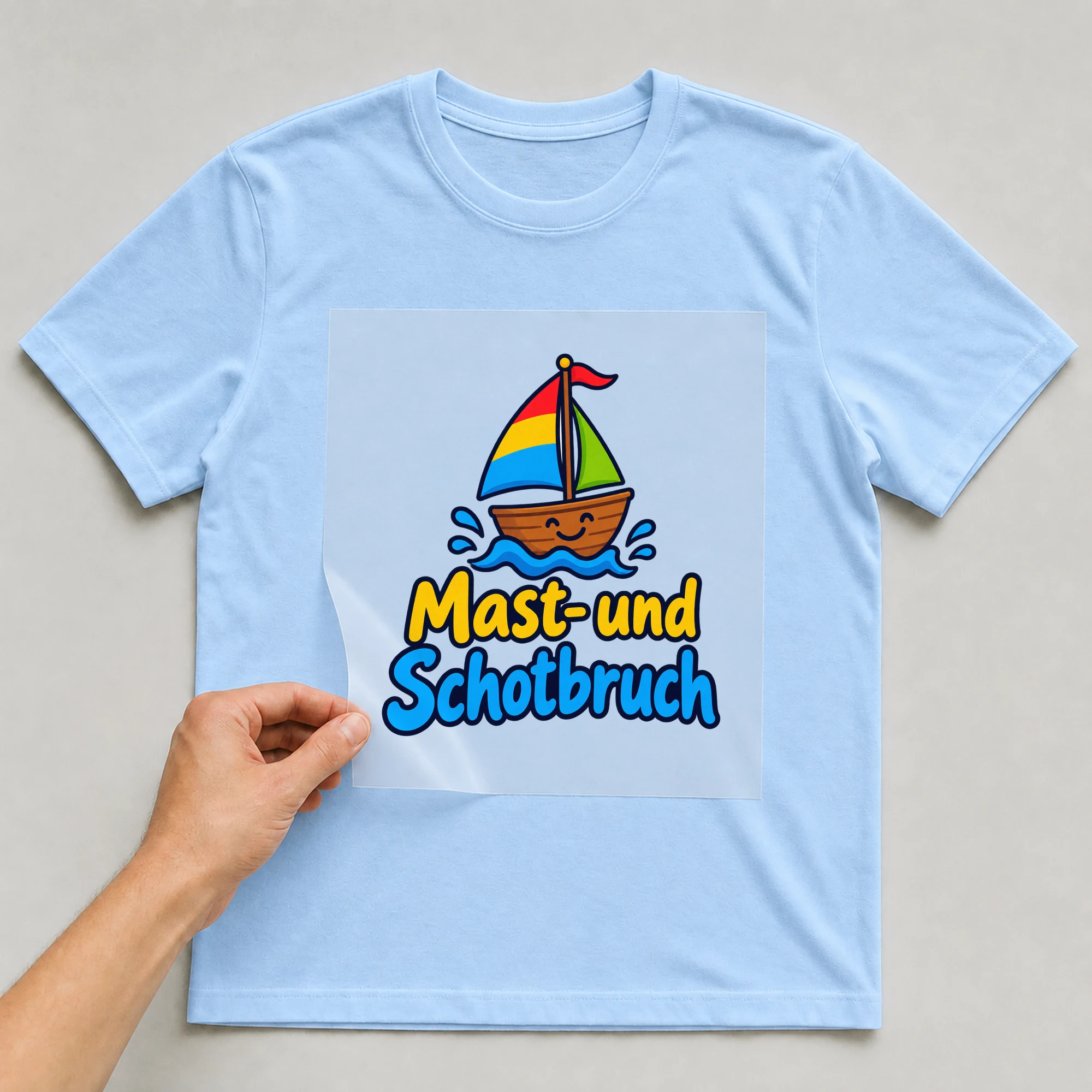 Bügelbild „Mast- und Schotbruch“ auf babyblauem T-Shirt, Folie wird aufgelegt