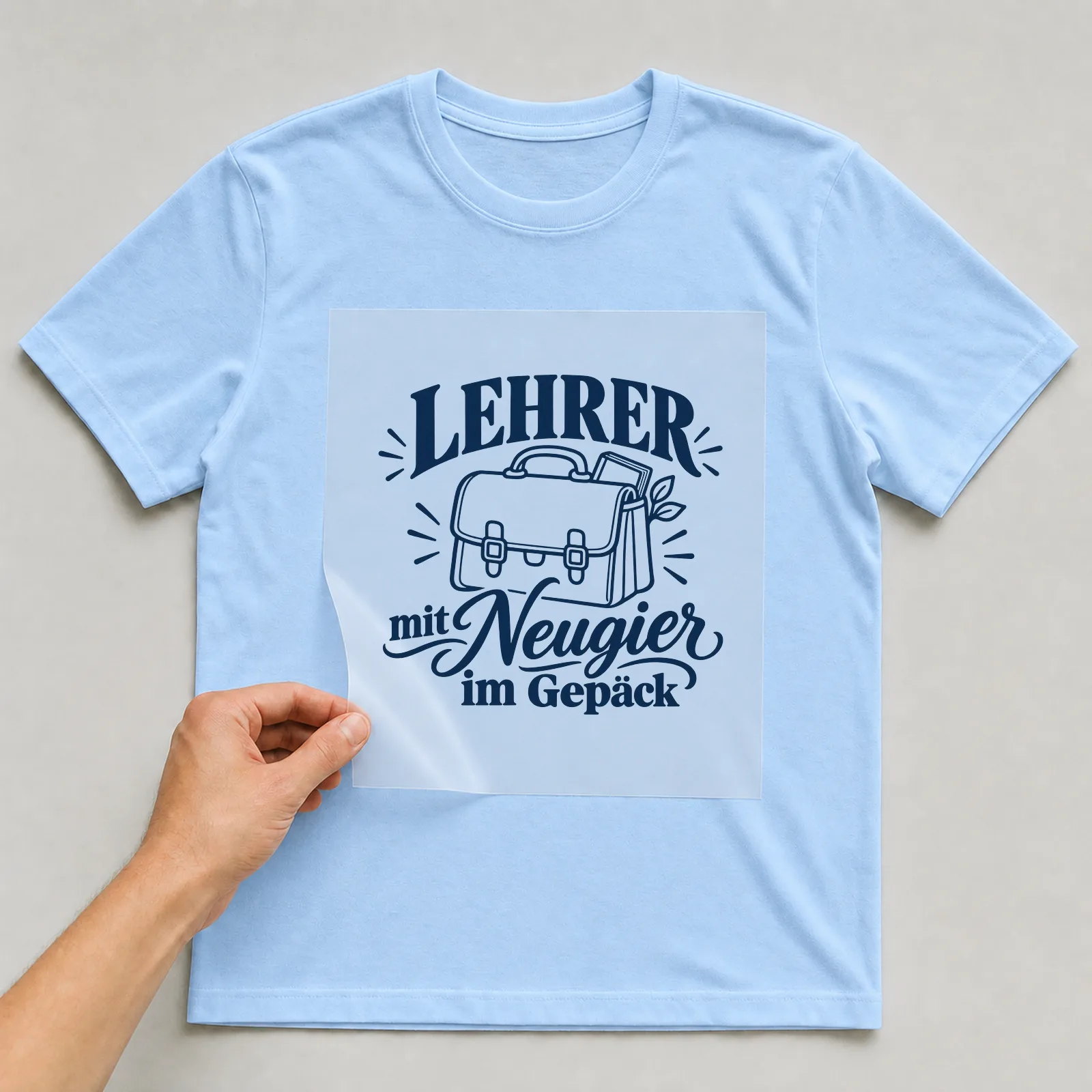 Bügelbild „Lehrer mit Neugier im Gepäck“ auf hellblauem T-Shirt, Folie wird aufgelegt