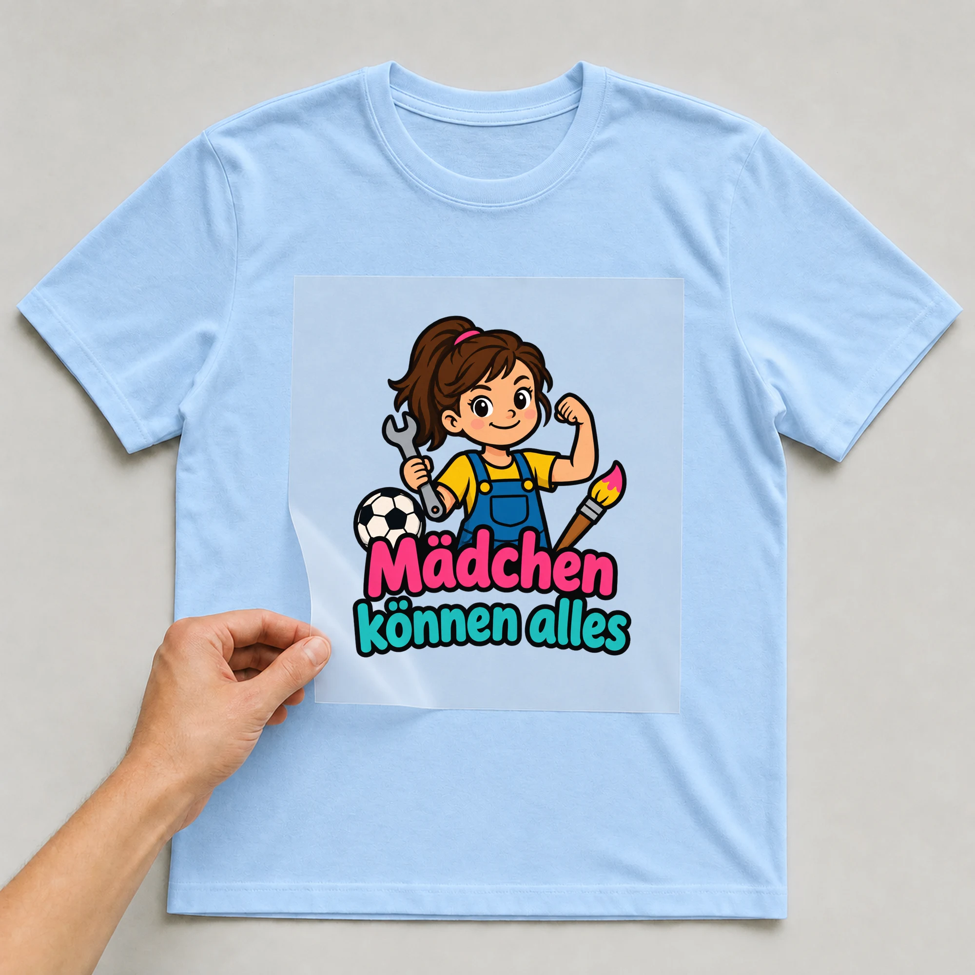 Bügelbild „Mädchen können alles“ auf babyblauem T-Shirt, Folie wird aufgelegt