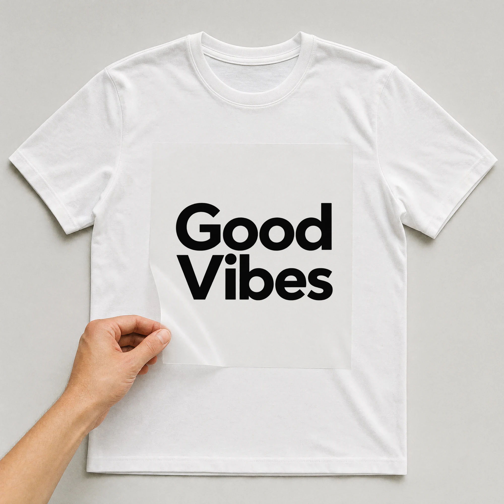 Bügelbild „Good Vibes“ auf weißem T-Shirt, Folie wird aufgelegt