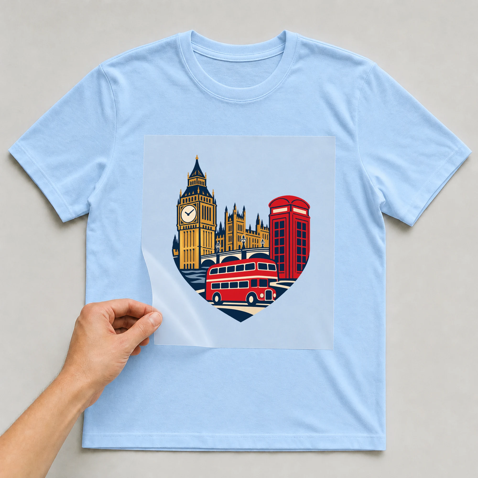 Bügelbild „London Love Heart“ auf babyblauem T-Shirt, Folie wird aufgelegt