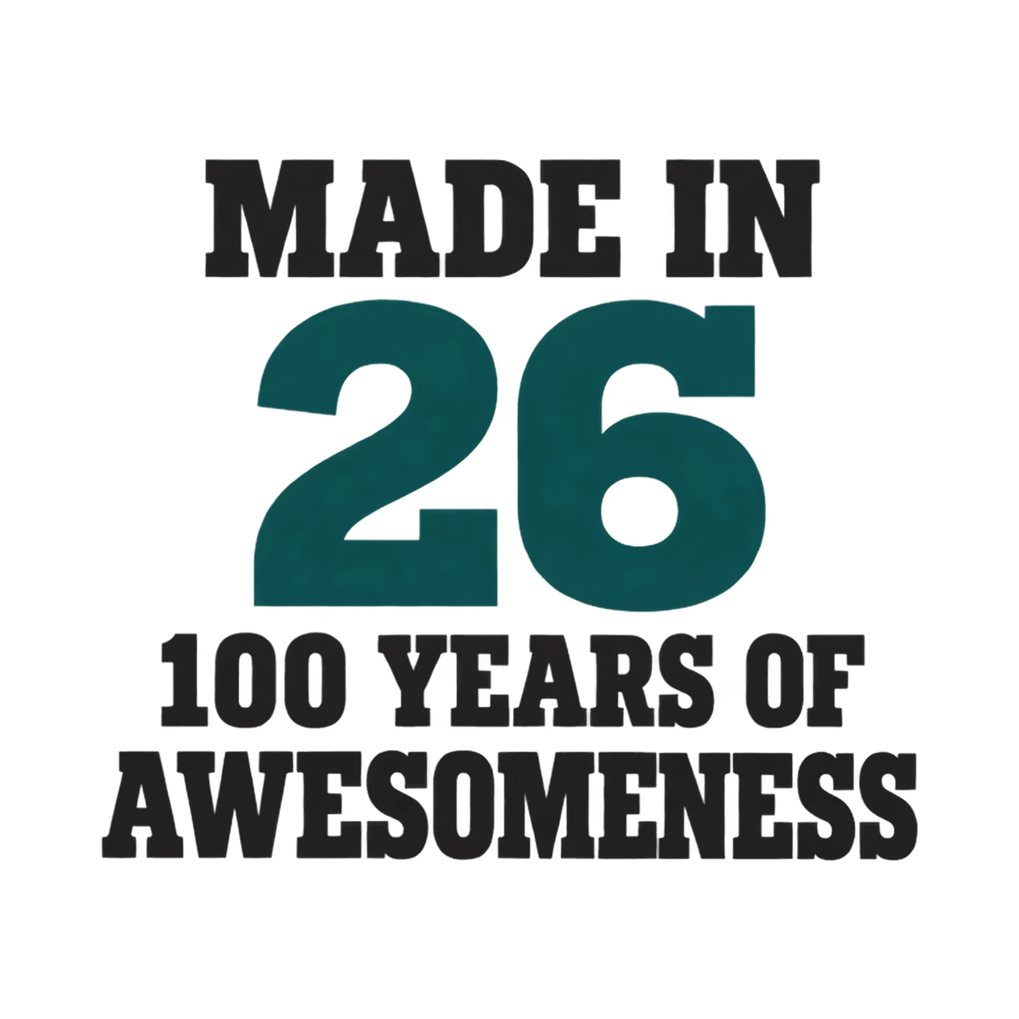 Bügelbild Made In 26 100 Years Of Awesomeness, Geburtstagsshirt Spruch als Grafik auf weißem Hintergrund (BB017404)