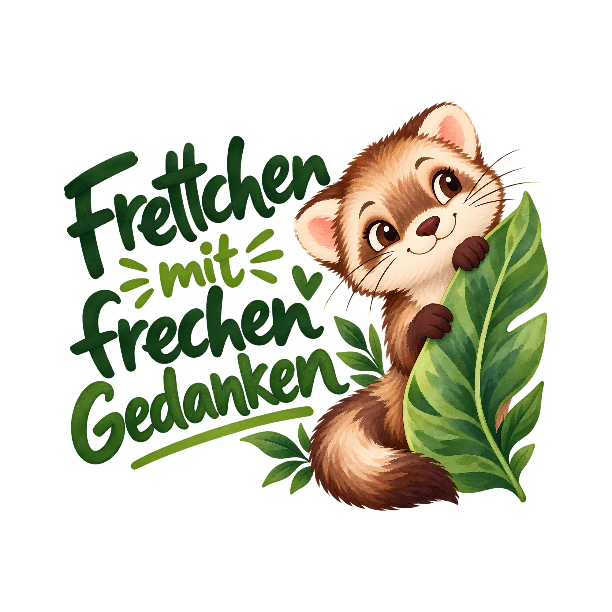 Bügelbild Frettchen mit frechen Gedanken als Grafik auf weißem Hintergrund (BB014469)